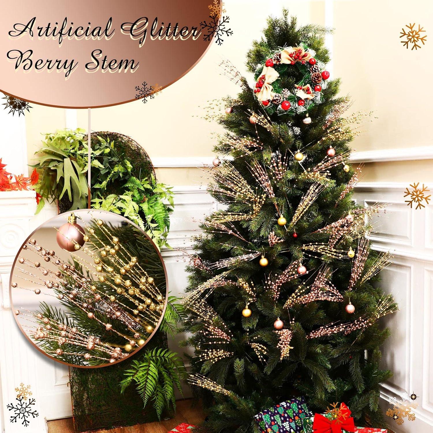 imageGeosar 30 Pcs Christmas Artificial Glitter Berry Stem Decorations 17 Inch Faux Stick Floral Pick Centerpiece Bouquet Flower Bead Twigs for Centerpiece Tree Wreath Xmas Ornaments HomeBurgundyRose Gold