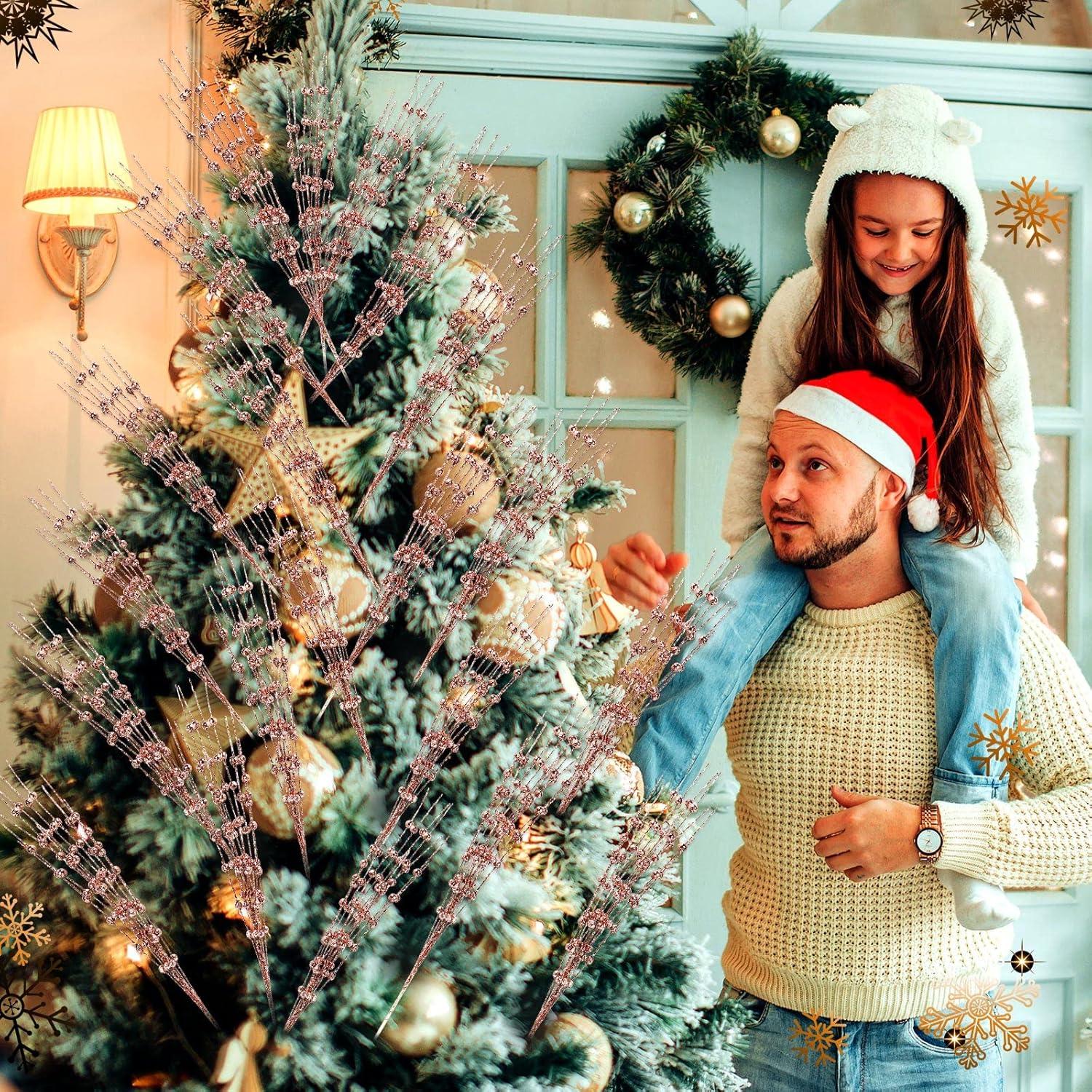 imageGeosar 30 Pcs Christmas Artificial Glitter Berry Stem Decorations 17 Inch Faux Stick Floral Pick Centerpiece Bouquet Flower Bead Twigs for Centerpiece Tree Wreath Xmas Ornaments HomeBurgundyRose Gold