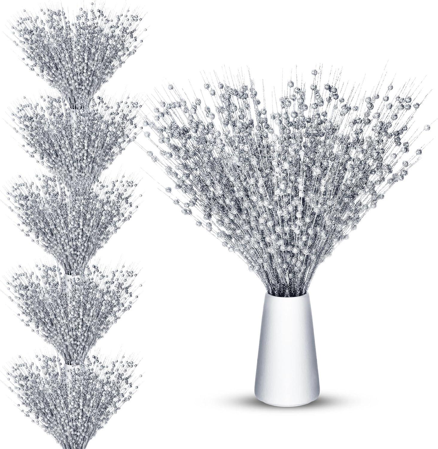 imageGeosar 30 Pcs Christmas Artificial Glitter Berry Stem Decorations 17 Inch Faux Stick Floral Pick Centerpiece Bouquet Flower Bead Twigs for Centerpiece Tree Wreath Xmas Ornaments HomeBurgundySilver