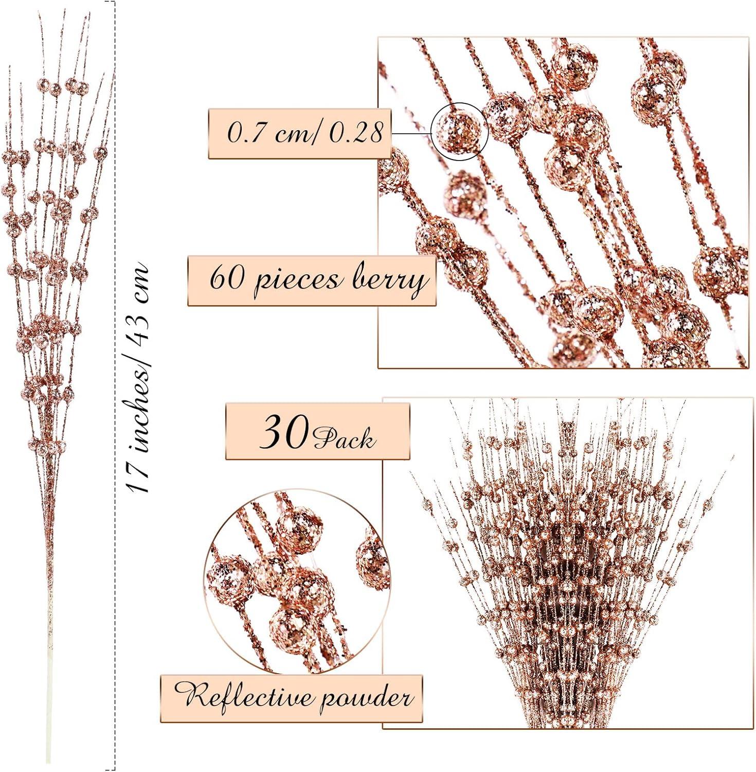 imageGeosar 30 Pcs Christmas Artificial Glitter Berry Stem Decorations 17 Inch Faux Stick Floral Pick Centerpiece Bouquet Flower Bead Twigs for Centerpiece Tree Wreath Xmas Ornaments HomeBurgundyRose Gold