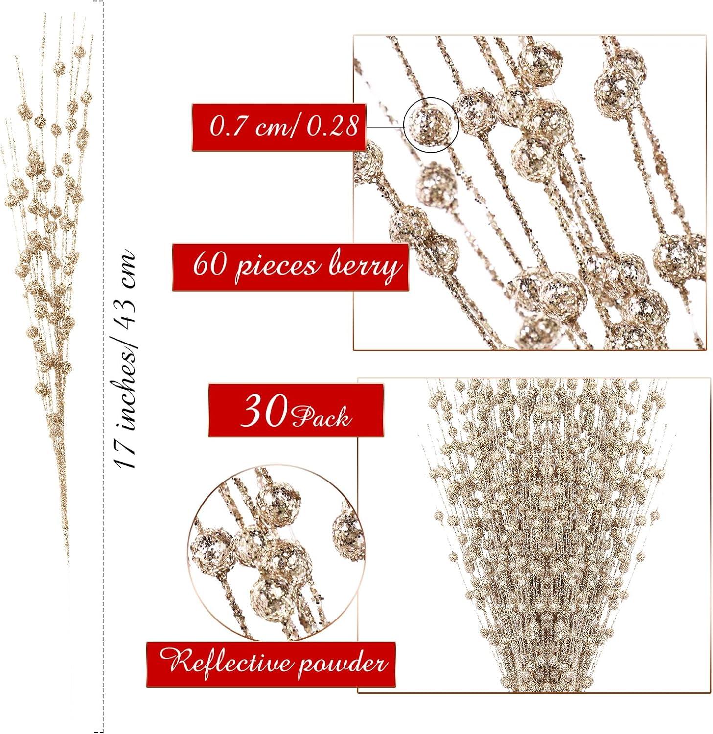 imageGeosar 30 Pcs Christmas Artificial Glitter Berry Stem Decorations 17 Inch Faux Stick Floral Pick Centerpiece Bouquet Flower Bead Twigs for Centerpiece Tree Wreath Xmas Ornaments HomeBurgundyChampagne Gold