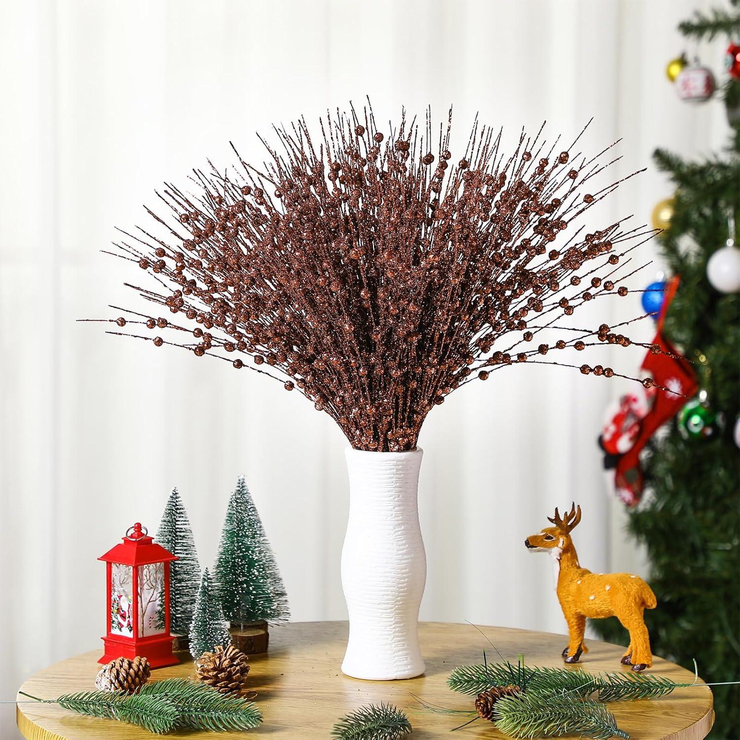 imageGeosar 30 Pcs Christmas Artificial Glitter Berry Stem Decorations 17 Inch Faux Stick Floral Pick Centerpiece Bouquet Flower Bead Twigs for Centerpiece Tree Wreath Xmas Ornaments HomeBurgundyBrown