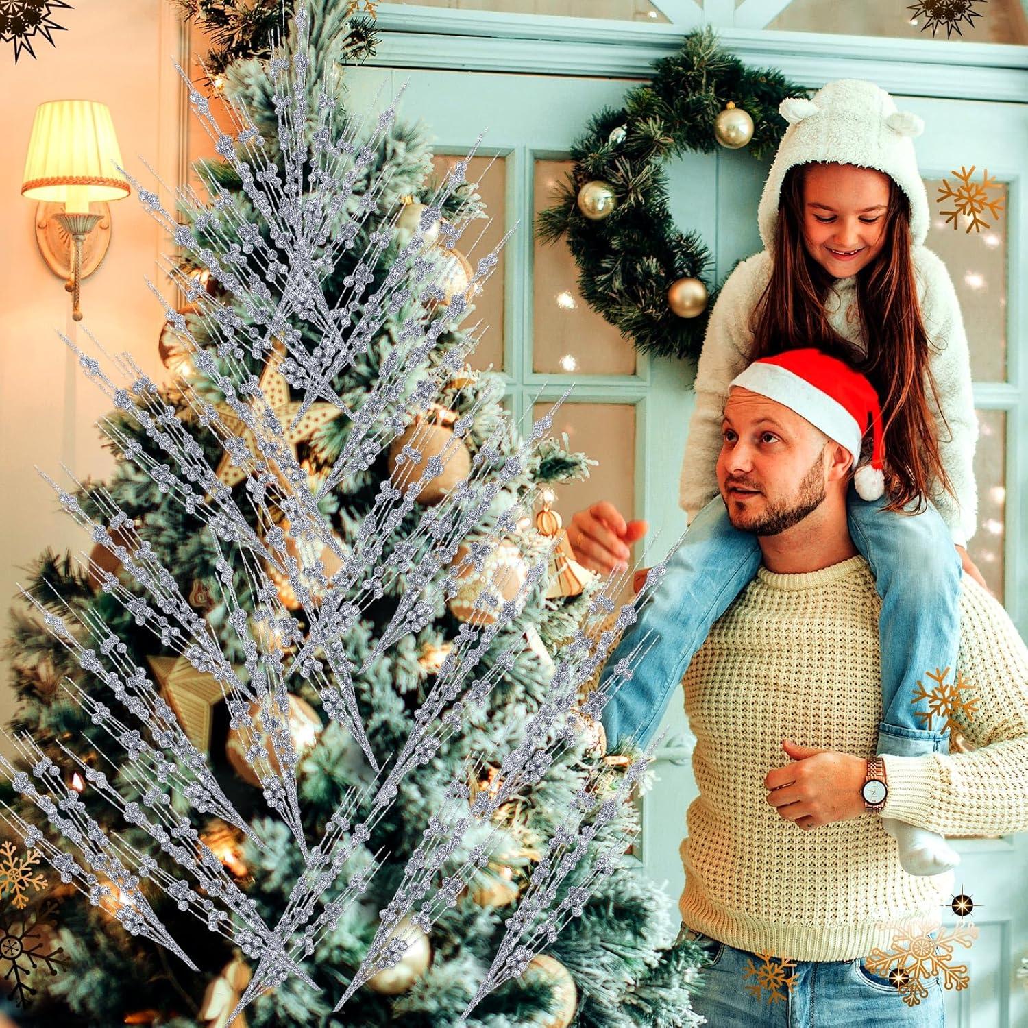 imageGeosar 30 Pcs Christmas Artificial Glitter Berry Stem Decorations 17 Inch Faux Stick Floral Pick Centerpiece Bouquet Flower Bead Twigs for Centerpiece Tree Wreath Xmas Ornaments HomeBurgundySilver