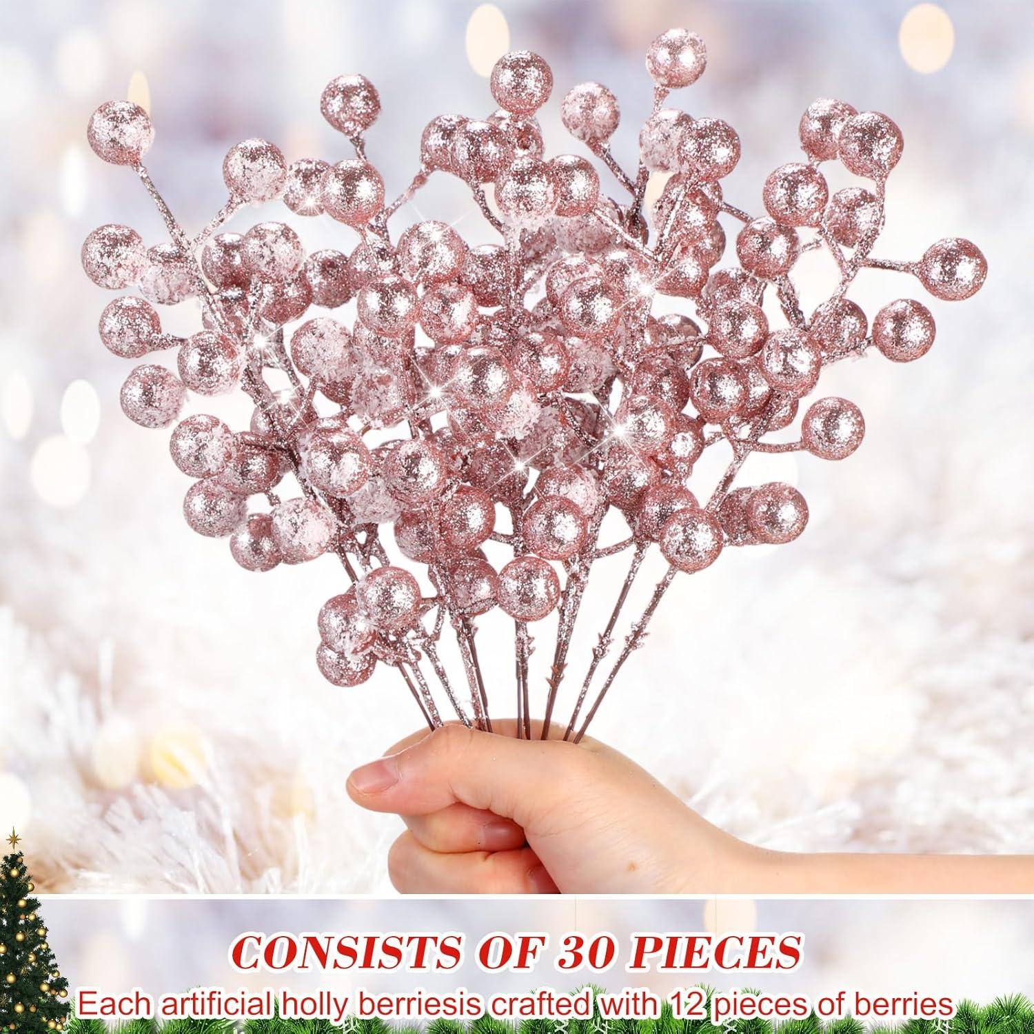 imageGeosar 30 Pieces Artificial Christmas Berry Picks with Snowflake Glitter Artificial Holly Berry Stems for Christmas Tree Ornaments Vases DIY Crafts Home Wedding Party Holiday DecorWhiteRose Gold