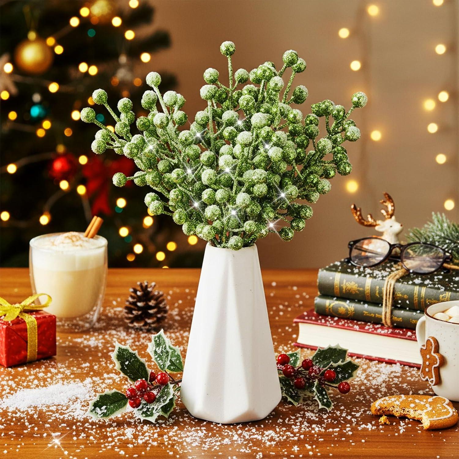 imageGeosar 30 Pieces Artificial Christmas Berry Picks with Snowflake Glitter Artificial Holly Berry Stems for Christmas Tree Ornaments Vases DIY Crafts Home Wedding Party Holiday DecorWhiteGlitter Green