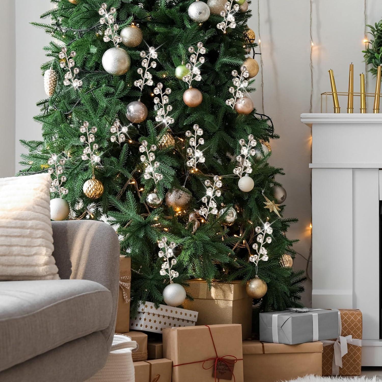 imageGeosar 30 Pieces Artificial Christmas Berry Picks with Snowflake Glitter Artificial Holly Berry Stems for Christmas Tree Ornaments Vases DIY Crafts Home Wedding Party Holiday DecorWhiteChampagne