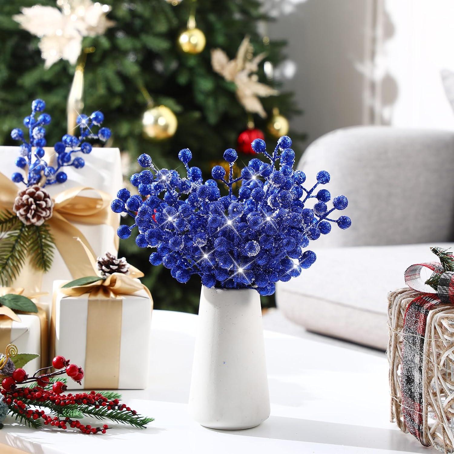 imageGeosar 30 Pieces Artificial Christmas Berry Picks with Snowflake Glitter Artificial Holly Berry Stems for Christmas Tree Ornaments Vases DIY Crafts Home Wedding Party Holiday DecorWhiteBlue