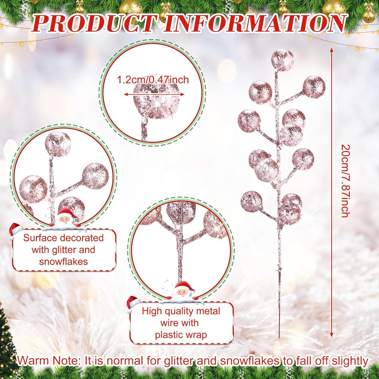 imageGeosar 30 Pieces Artificial Christmas Berry Picks with Snowflake Glitter Artificial Holly Berry Stems for Christmas Tree Ornaments Vases DIY Crafts Home Wedding Party Holiday DecorWhiteRose Gold