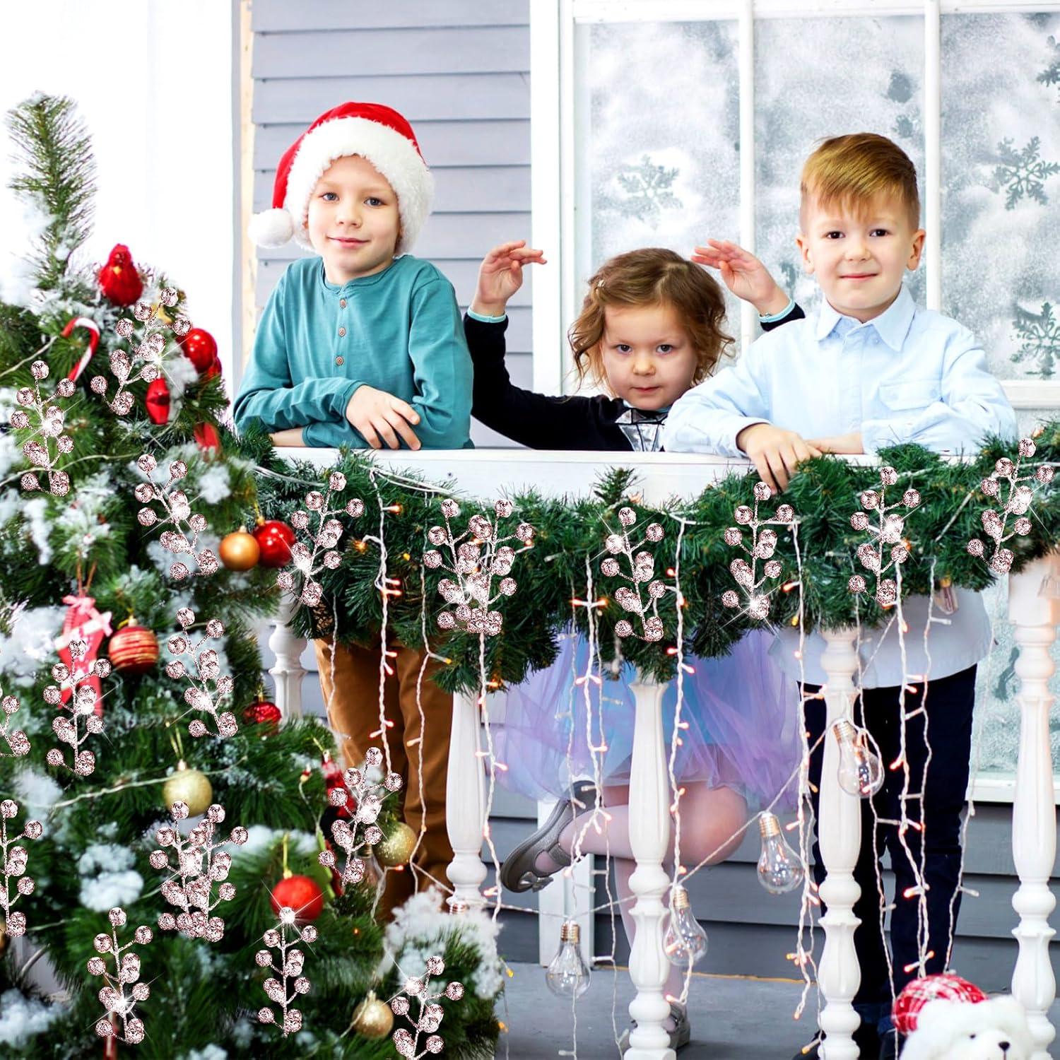 imageGeosar 30 Pieces Artificial Christmas Berry Picks with Snowflake Glitter Artificial Holly Berry Stems for Christmas Tree Ornaments Vases DIY Crafts Home Wedding Party Holiday DecorWhiteRose Gold