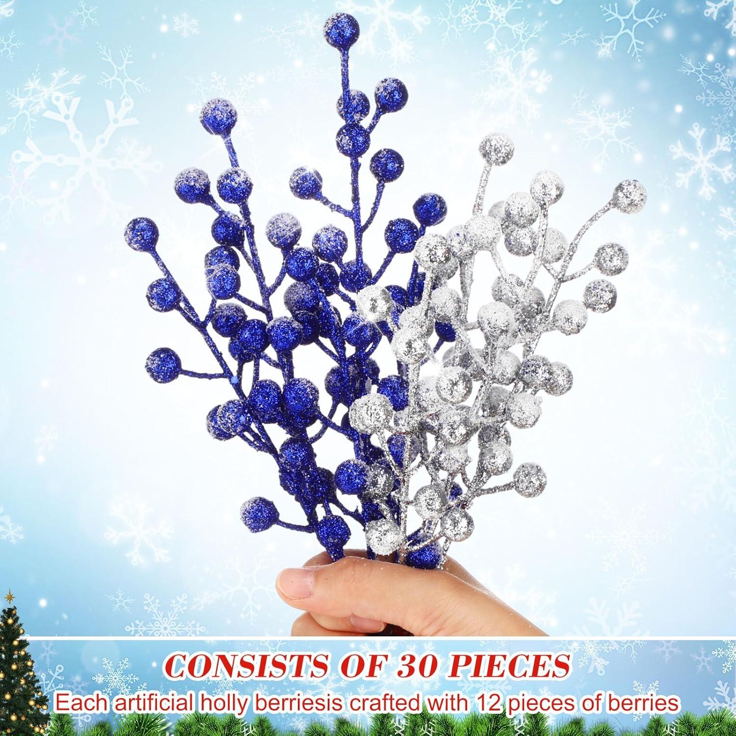 imageGeosar 30 Pieces Artificial Christmas Berry Picks with Snowflake Glitter Artificial Holly Berry Stems for Christmas Tree Ornaments Vases DIY Crafts Home Wedding Party Holiday DecorWhiteGlitter Silver  Royal Blue