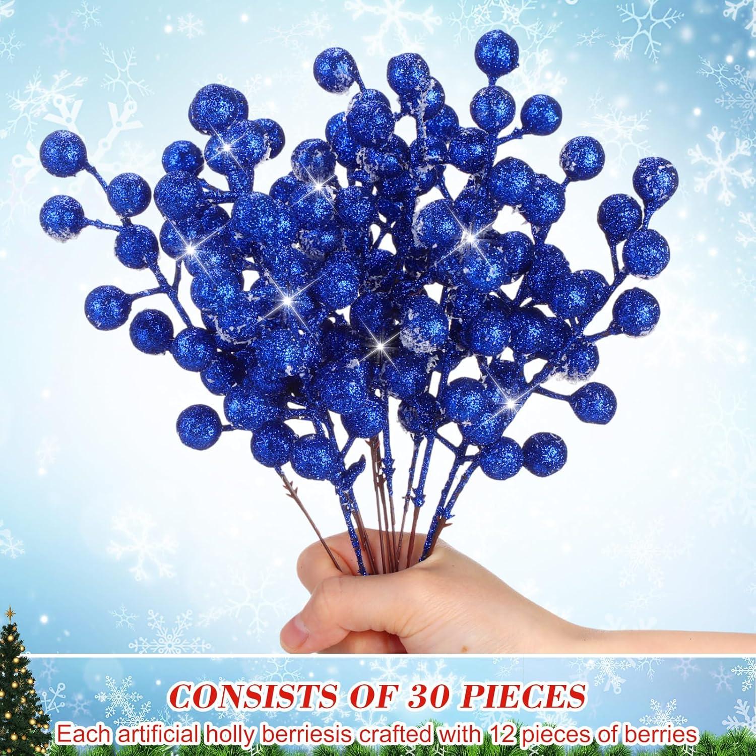 imageGeosar 30 Pieces Artificial Christmas Berry Picks with Snowflake Glitter Artificial Holly Berry Stems for Christmas Tree Ornaments Vases DIY Crafts Home Wedding Party Holiday DecorWhiteBlue
