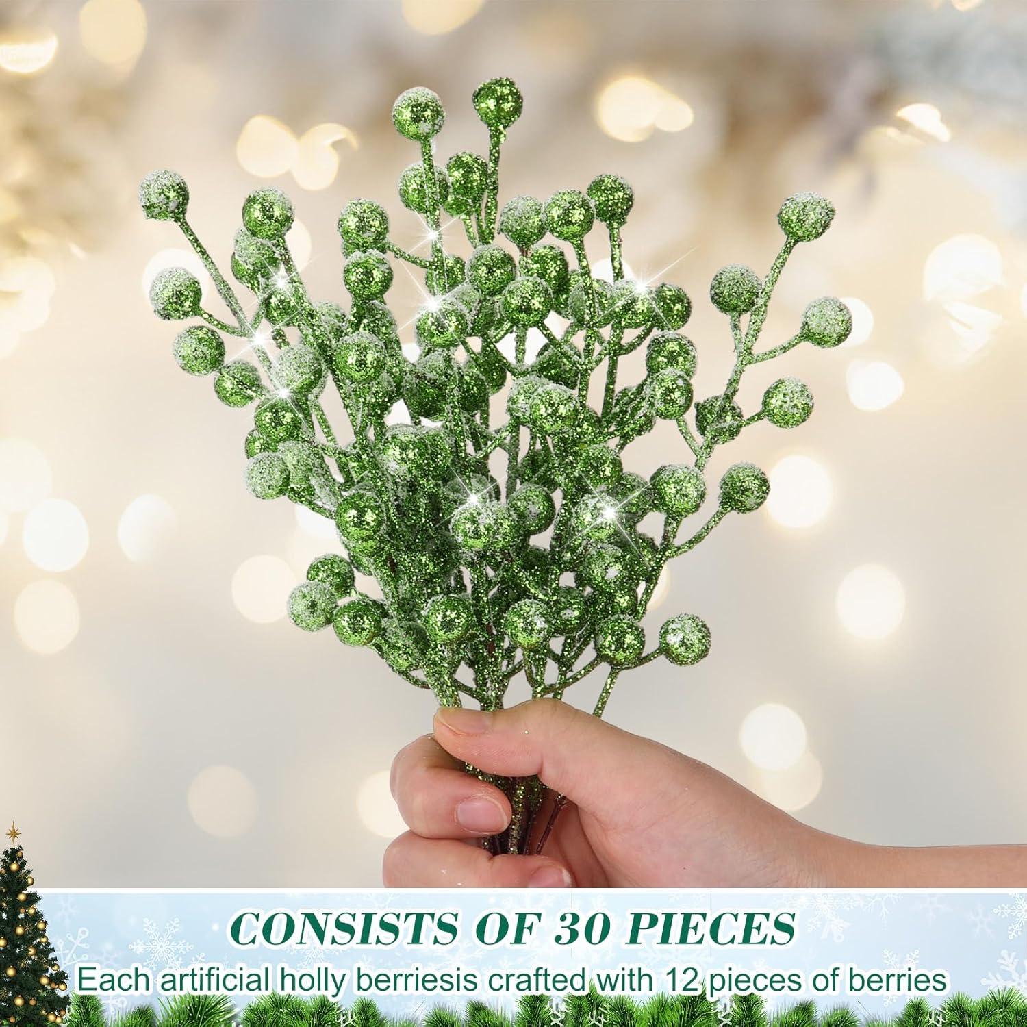 imageGeosar 30 Pieces Artificial Christmas Berry Picks with Snowflake Glitter Artificial Holly Berry Stems for Christmas Tree Ornaments Vases DIY Crafts Home Wedding Party Holiday DecorWhiteGlitter Green