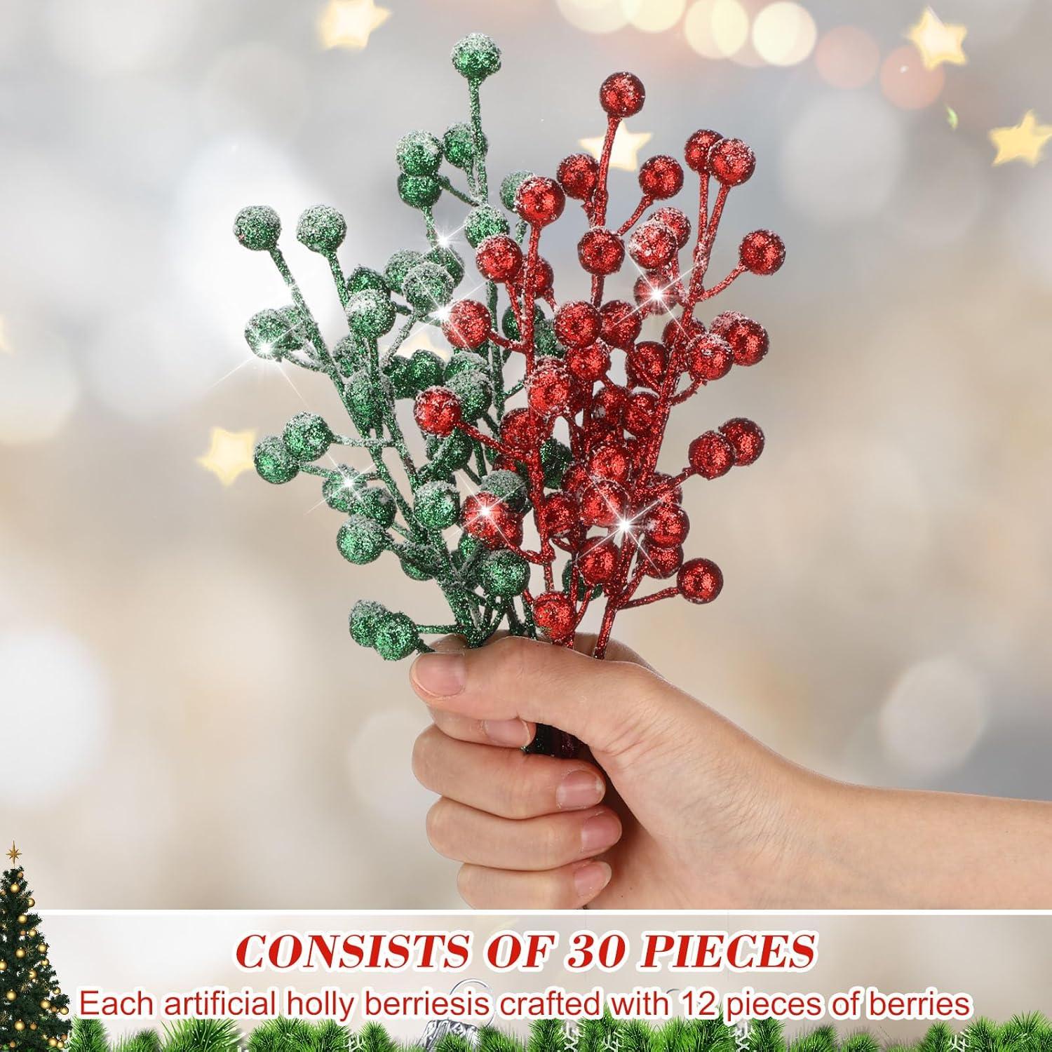 imageGeosar 30 Pieces Artificial Christmas Berry Picks with Snowflake Glitter Artificial Holly Berry Stems for Christmas Tree Ornaments Vases DIY Crafts Home Wedding Party Holiday DecorWhiteGlitter Red  Light Green