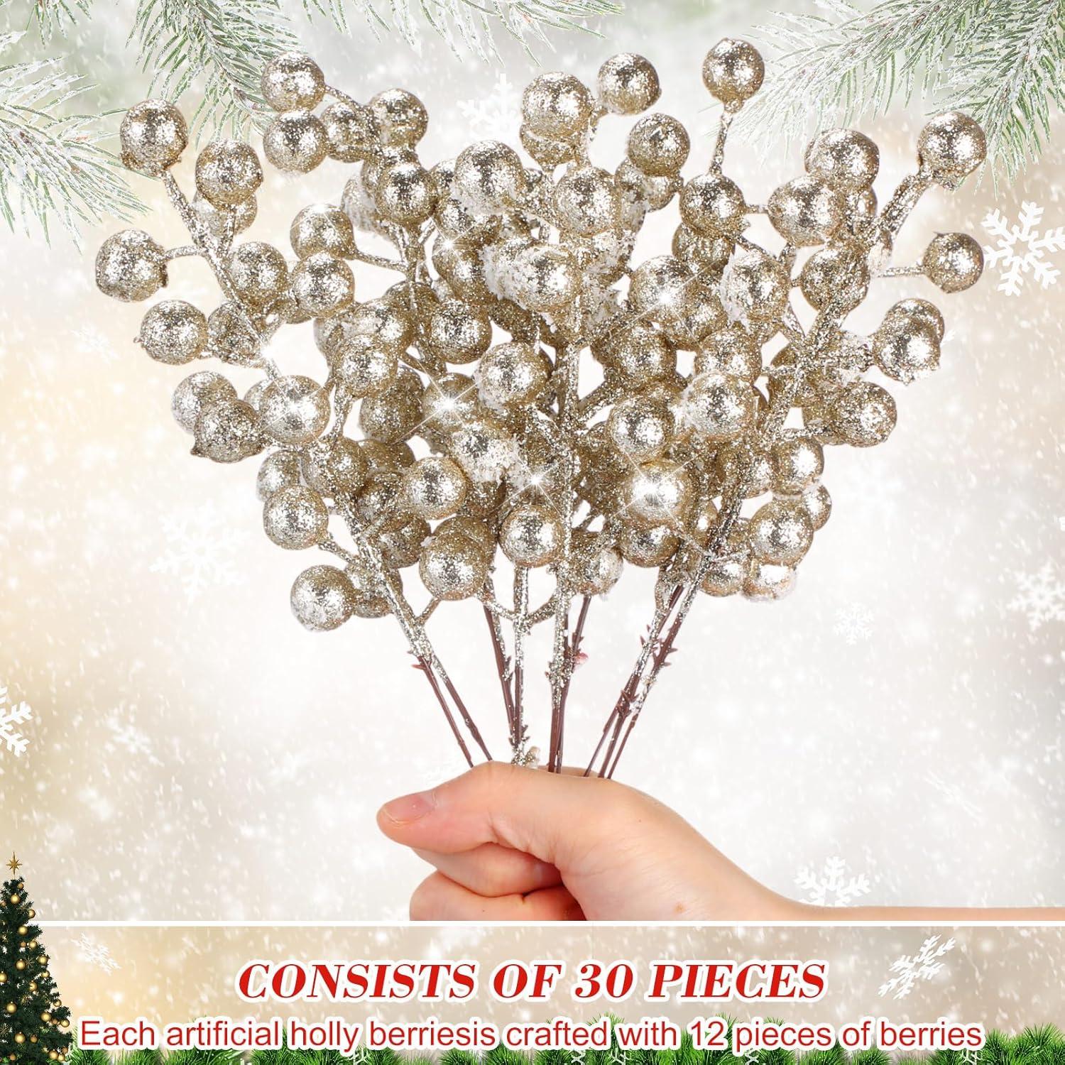imageGeosar 30 Pieces Artificial Christmas Berry Picks with Snowflake Glitter Artificial Holly Berry Stems for Christmas Tree Ornaments Vases DIY Crafts Home Wedding Party Holiday DecorWhiteChampagne
