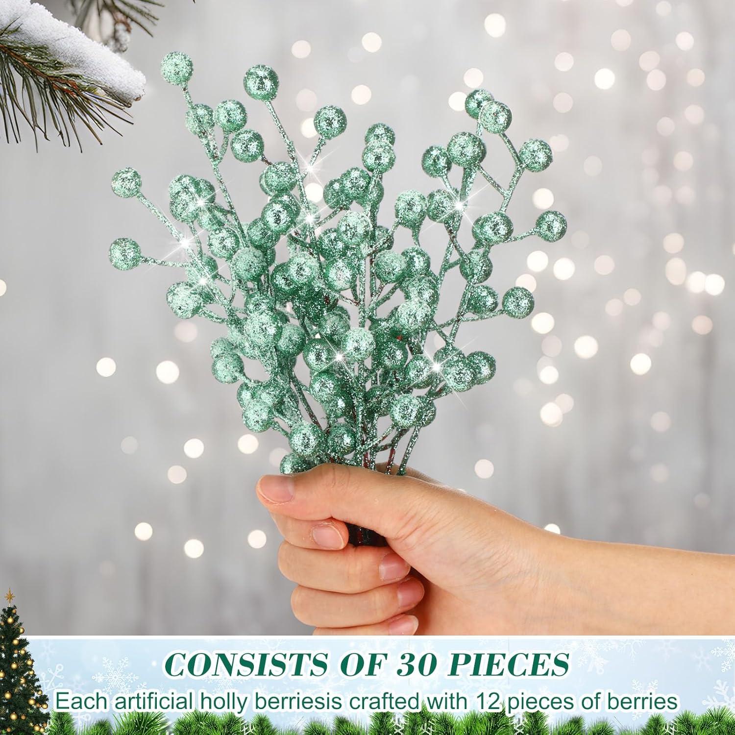 imageGeosar 30 Pieces Artificial Christmas Berry Picks with Snowflake Glitter Artificial Holly Berry Stems for Christmas Tree Ornaments Vases DIY Crafts Home Wedding Party Holiday DecorWhiteTurquoise