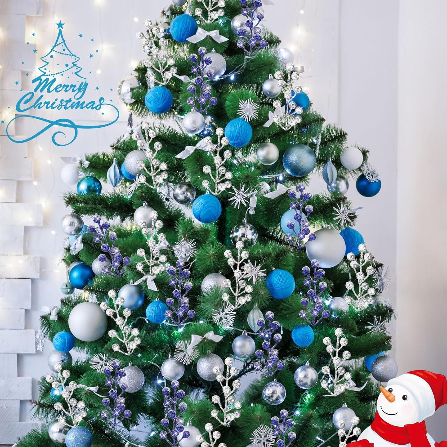 imageGeosar 30 Pieces Artificial Christmas Berry Picks with Snowflake Glitter Artificial Holly Berry Stems for Christmas Tree Ornaments Vases DIY Crafts Home Wedding Party Holiday DecorWhiteGlitter Silver  Royal Blue