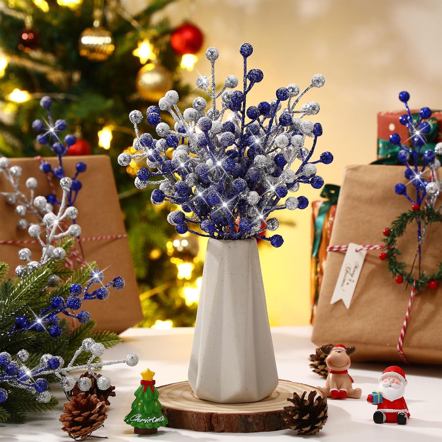 imageGeosar 30 Pieces Artificial Christmas Berry Picks with Snowflake Glitter Artificial Holly Berry Stems for Christmas Tree Ornaments Vases DIY Crafts Home Wedding Party Holiday DecorWhiteGlitter Silver  Royal Blue