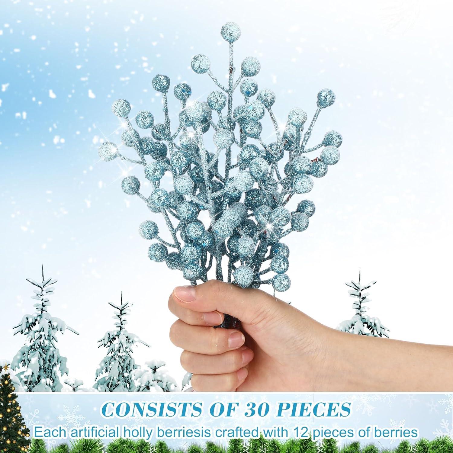 imageGeosar 30 Pieces Artificial Christmas Berry Picks with Snowflake Glitter Artificial Holly Berry Stems for Christmas Tree Ornaments Vases DIY Crafts Home Wedding Party Holiday DecorWhiteBaby Blue