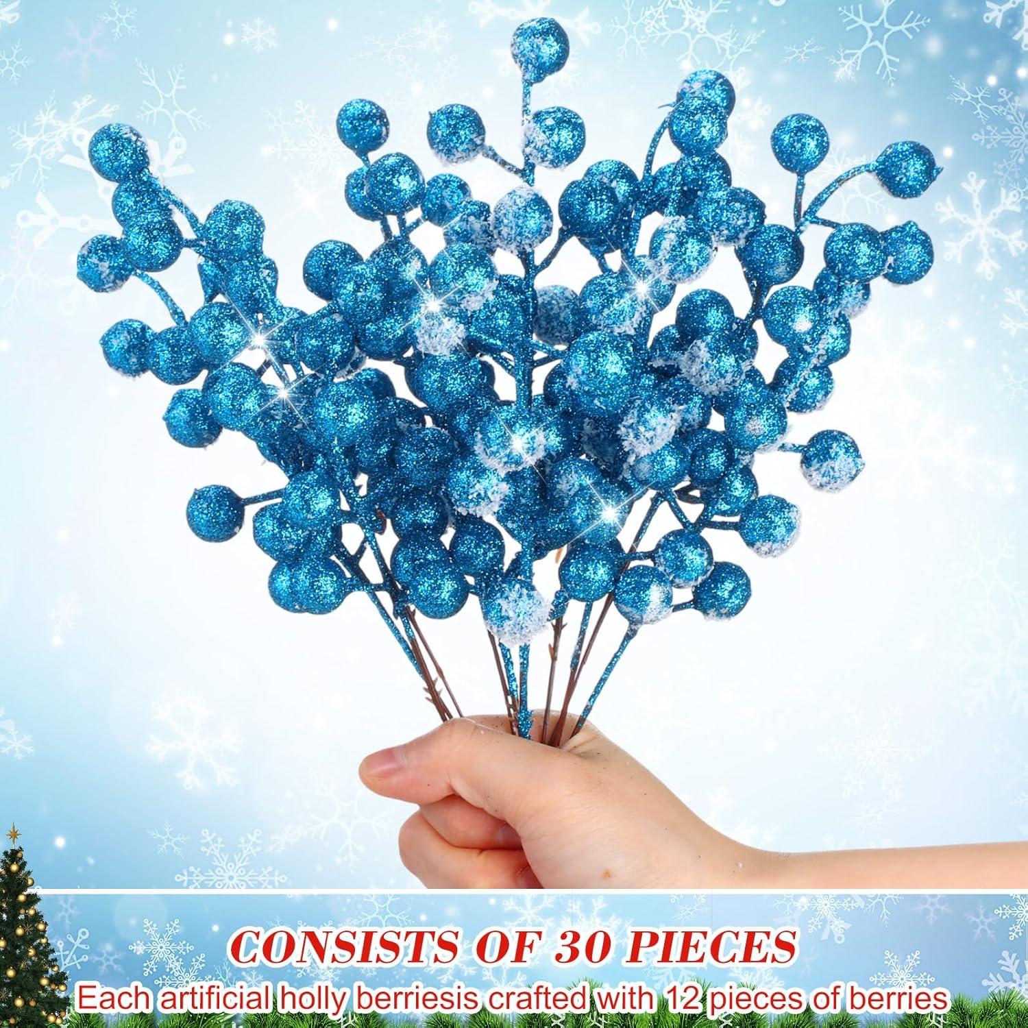 imageGeosar 30 Pieces Artificial Christmas Berry Picks with Snowflake Glitter Artificial Holly Berry Stems for Christmas Tree Ornaments Vases DIY Crafts Home Wedding Party Holiday DecorWhiteLight Blue