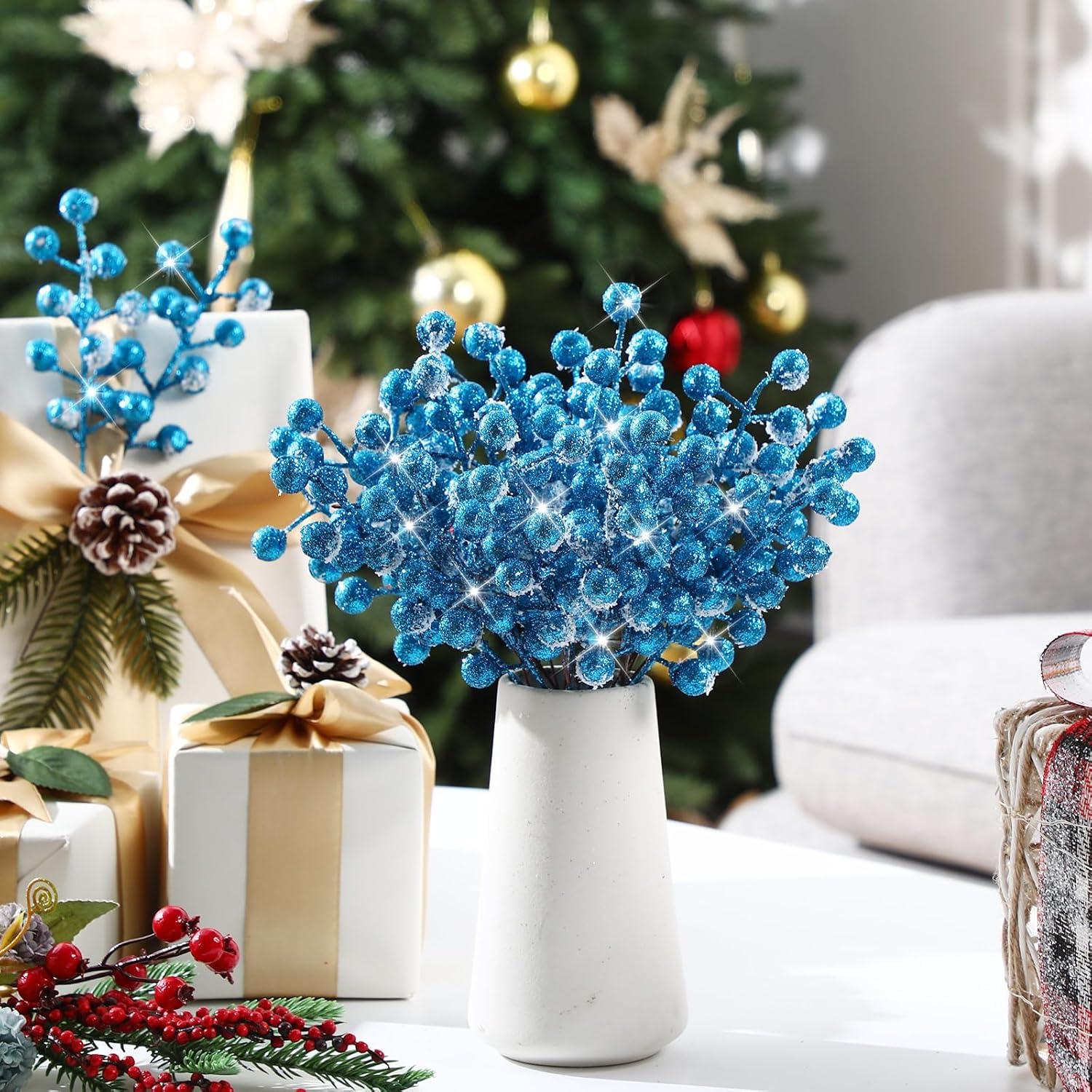imageGeosar 30 Pieces Artificial Christmas Berry Picks with Snowflake Glitter Artificial Holly Berry Stems for Christmas Tree Ornaments Vases DIY Crafts Home Wedding Party Holiday DecorWhiteLight Blue