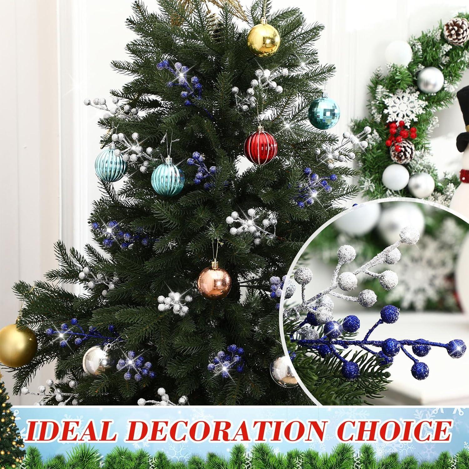 imageGeosar 30 Pieces Artificial Christmas Berry Picks with Snowflake Glitter Artificial Holly Berry Stems for Christmas Tree Ornaments Vases DIY Crafts Home Wedding Party Holiday DecorWhiteGlitter Silver  Royal Blue
