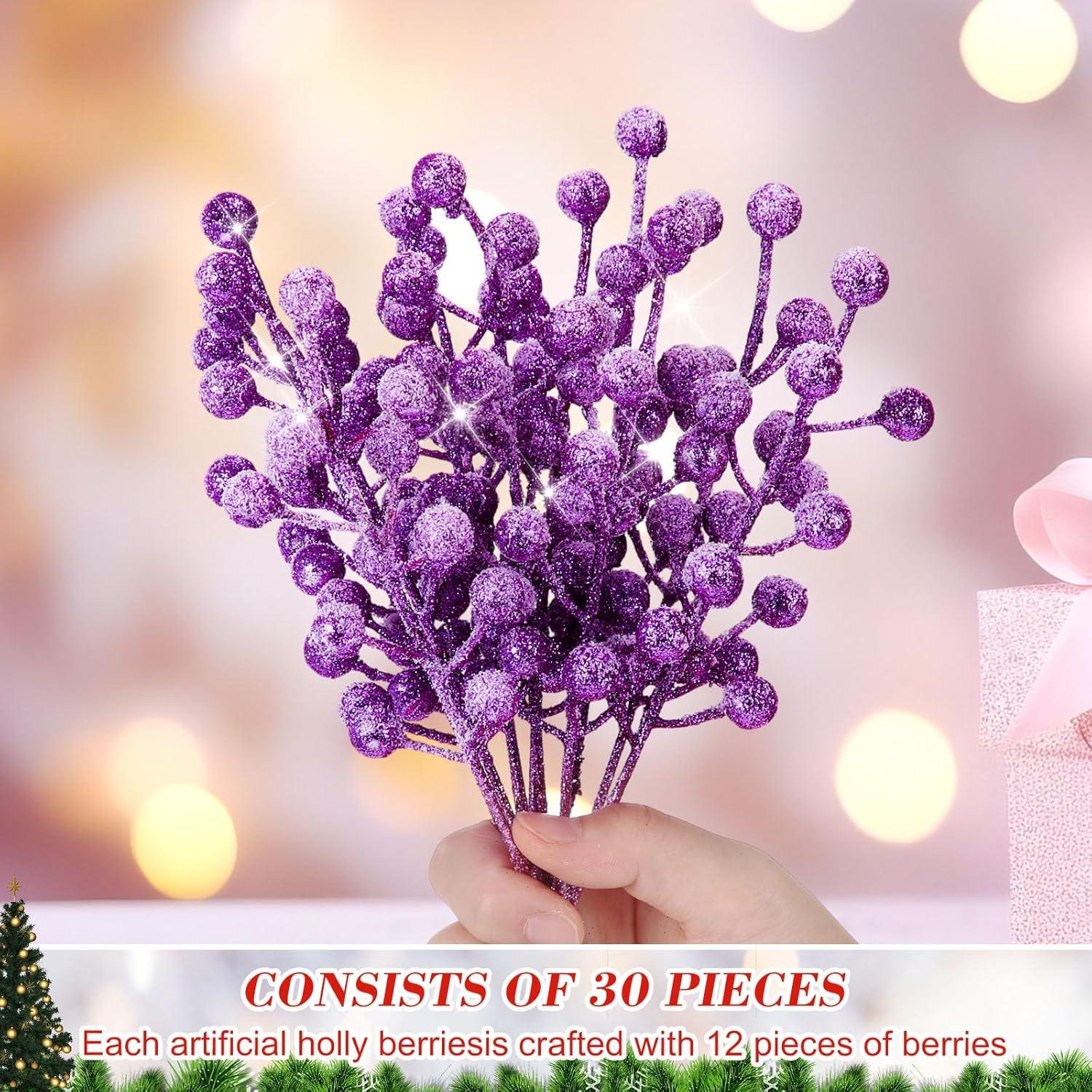 imageGeosar 30 Pieces Artificial Christmas Berry Picks with Snowflake Glitter Artificial Holly Berry Stems for Christmas Tree Ornaments Vases DIY Crafts Home Wedding Party Holiday DecorWhiteGlitter Purple