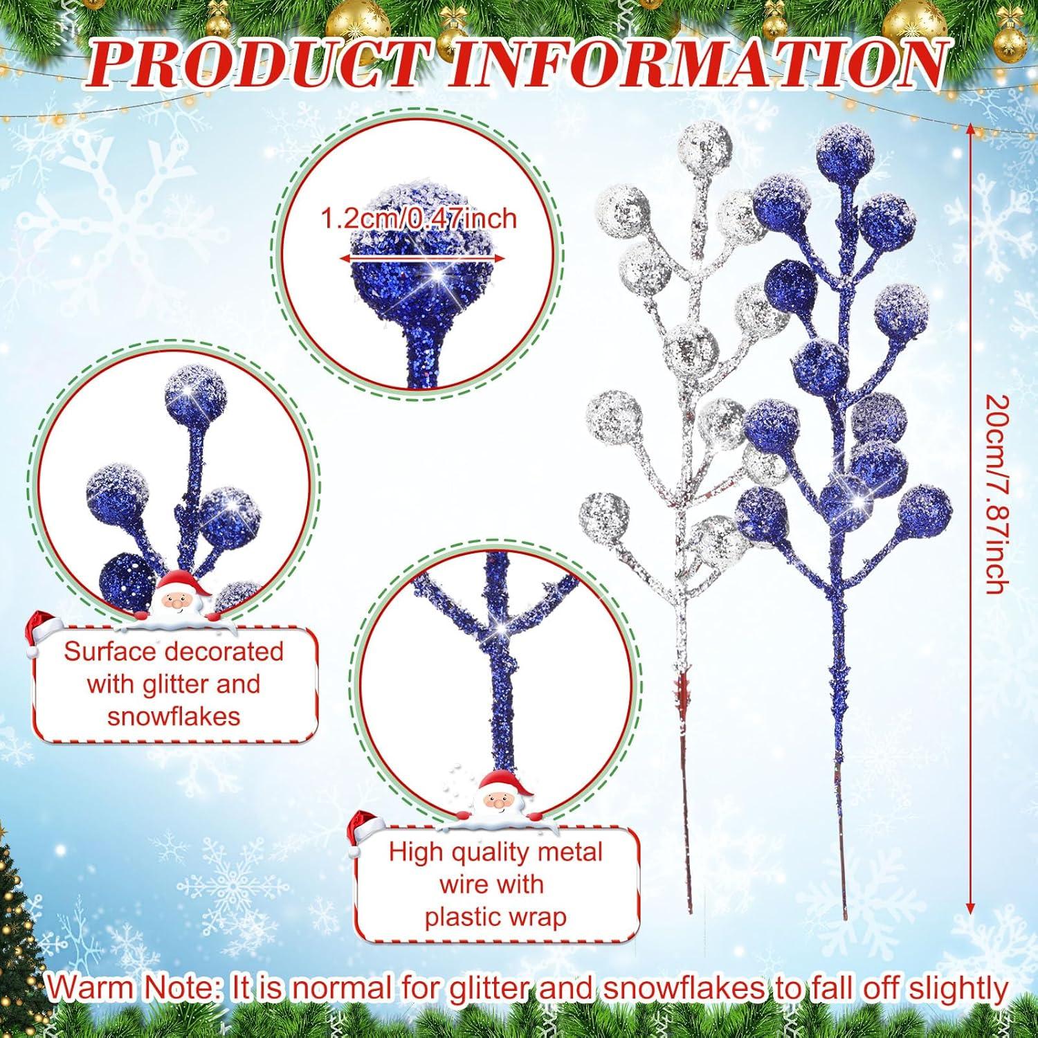 imageGeosar 30 Pieces Artificial Christmas Berry Picks with Snowflake Glitter Artificial Holly Berry Stems for Christmas Tree Ornaments Vases DIY Crafts Home Wedding Party Holiday DecorWhiteGlitter Silver  Royal Blue