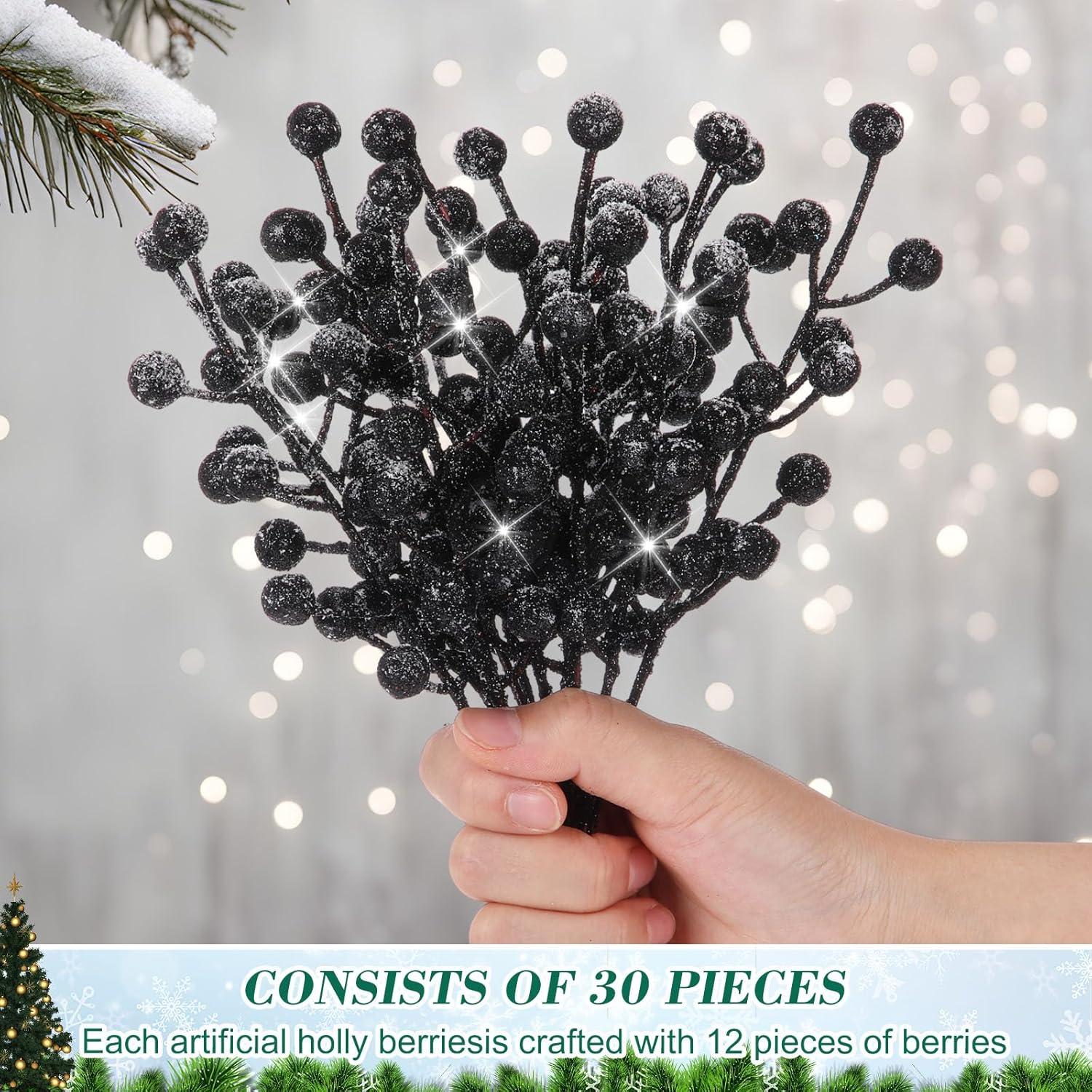 imageGeosar 30 Pieces Artificial Christmas Berry Picks with Snowflake Glitter Artificial Holly Berry Stems for Christmas Tree Ornaments Vases DIY Crafts Home Wedding Party Holiday DecorWhiteBlack