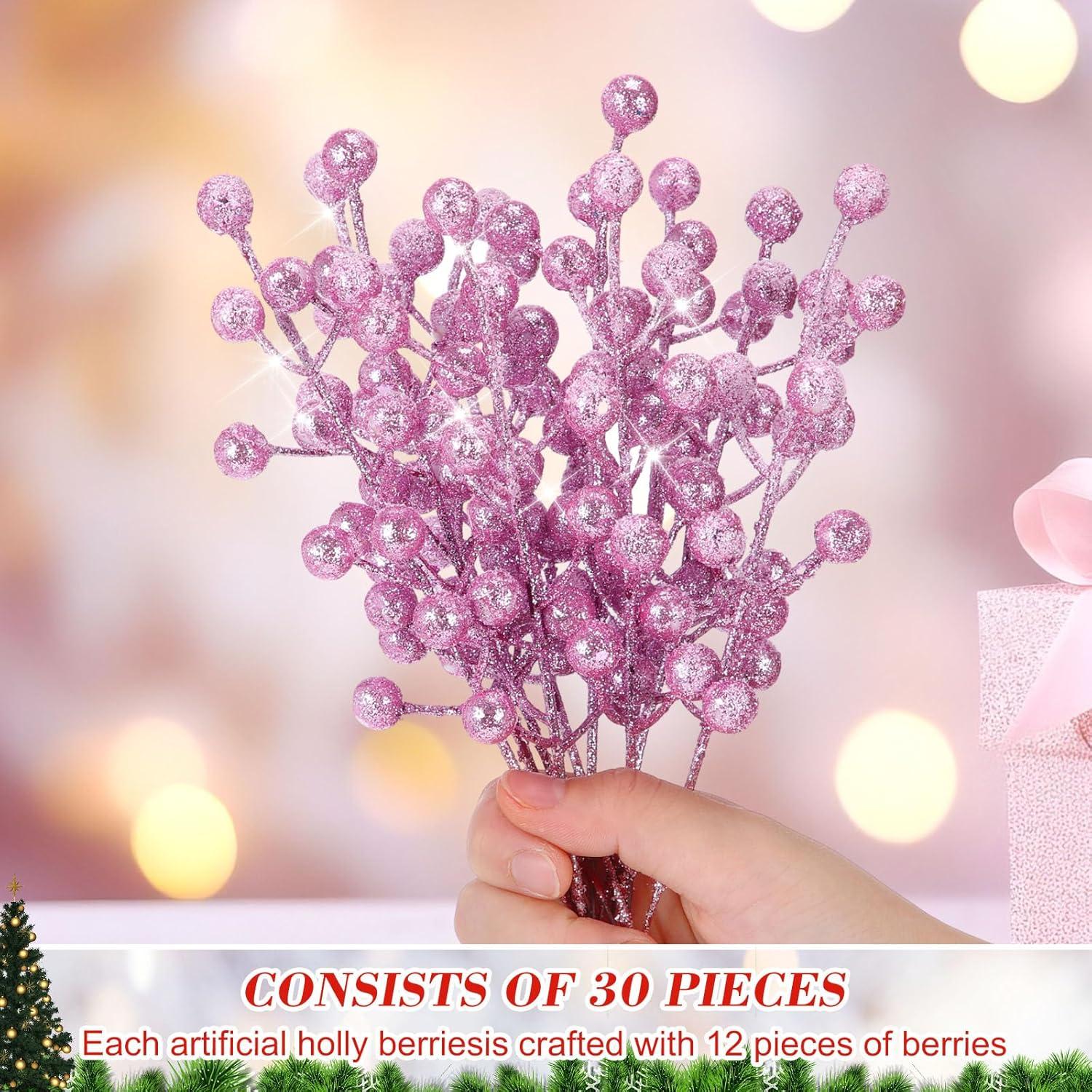 imageGeosar 30 Pieces Artificial Christmas Berry Picks with Snowflake Glitter Artificial Holly Berry Stems for Christmas Tree Ornaments Vases DIY Crafts Home Wedding Party Holiday DecorWhiteGlitter Pink