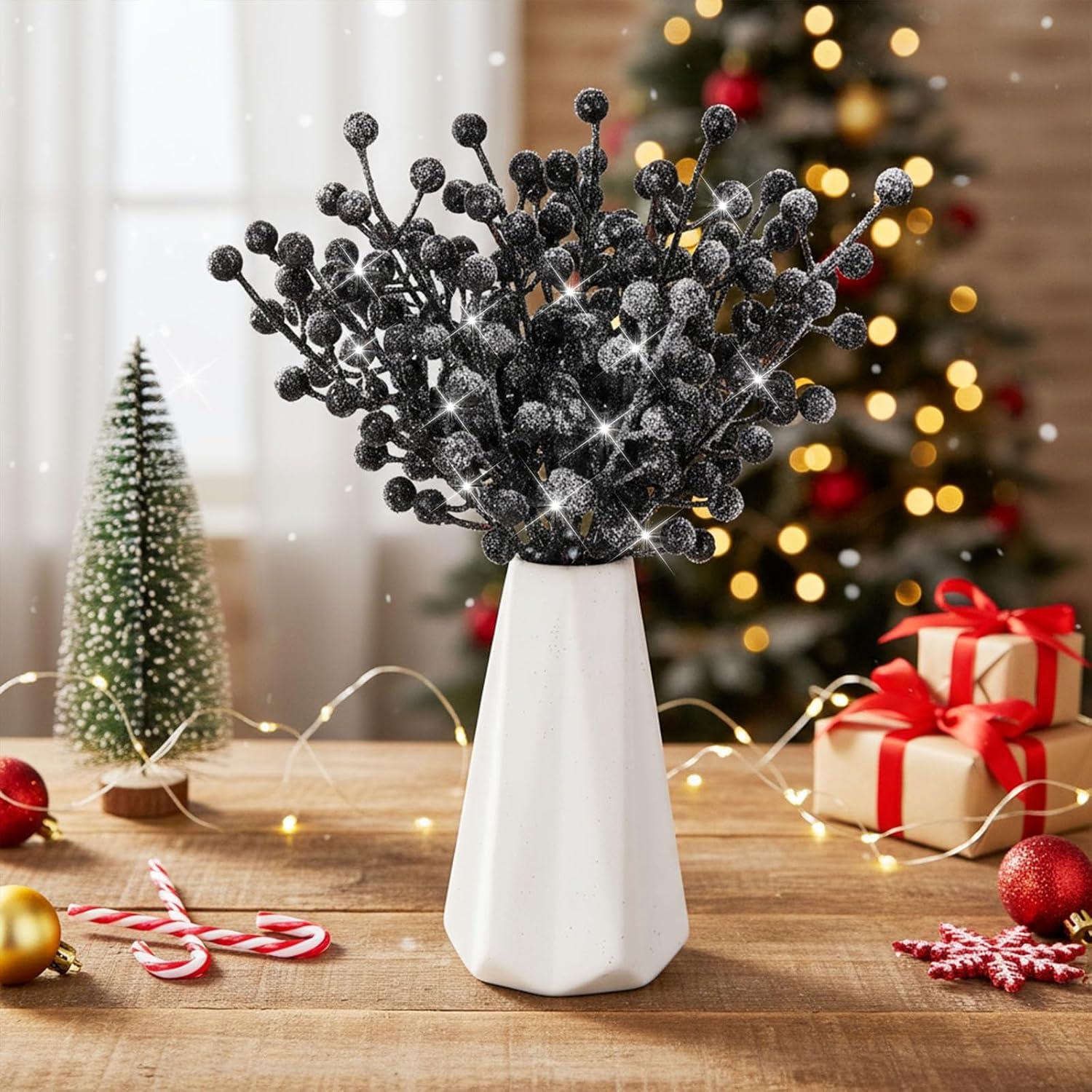 imageGeosar 30 Pieces Artificial Christmas Berry Picks with Snowflake Glitter Artificial Holly Berry Stems for Christmas Tree Ornaments Vases DIY Crafts Home Wedding Party Holiday DecorWhiteBlack