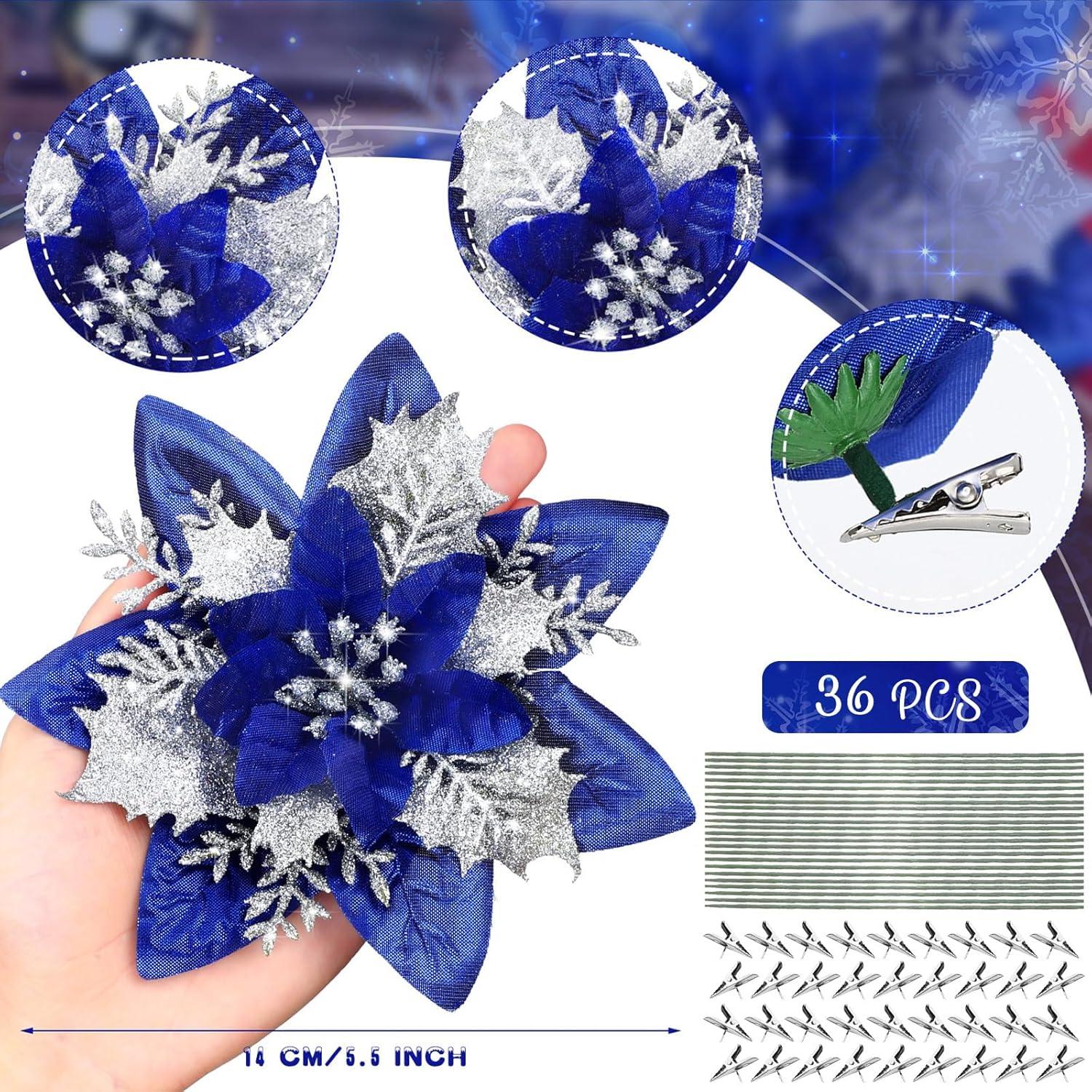 imageGeosar Glitter Christmas Poinsettia Artificial Xmas Flower Ornaments Flowers Decorations with Clips and Stems Glitter Poinsettia Christmas Tree Ornaments for Christmas Wedding Royal Blue36 PiecesNavy Blue