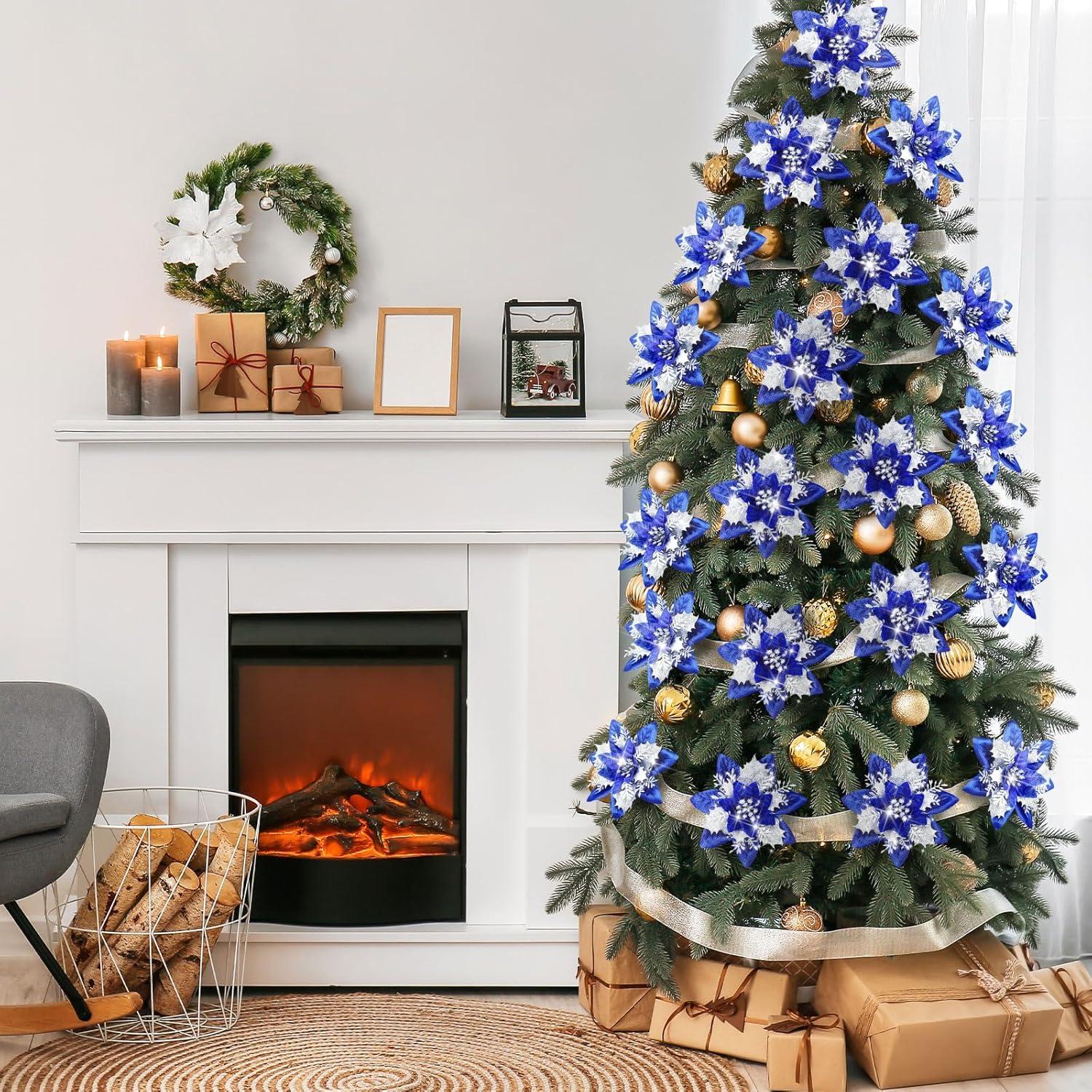 imageGeosar Glitter Christmas Poinsettia Artificial Xmas Flower Ornaments Flowers Decorations with Clips and Stems Glitter Poinsettia Christmas Tree Ornaments for Christmas Wedding Royal Blue36 PiecesNavy Blue