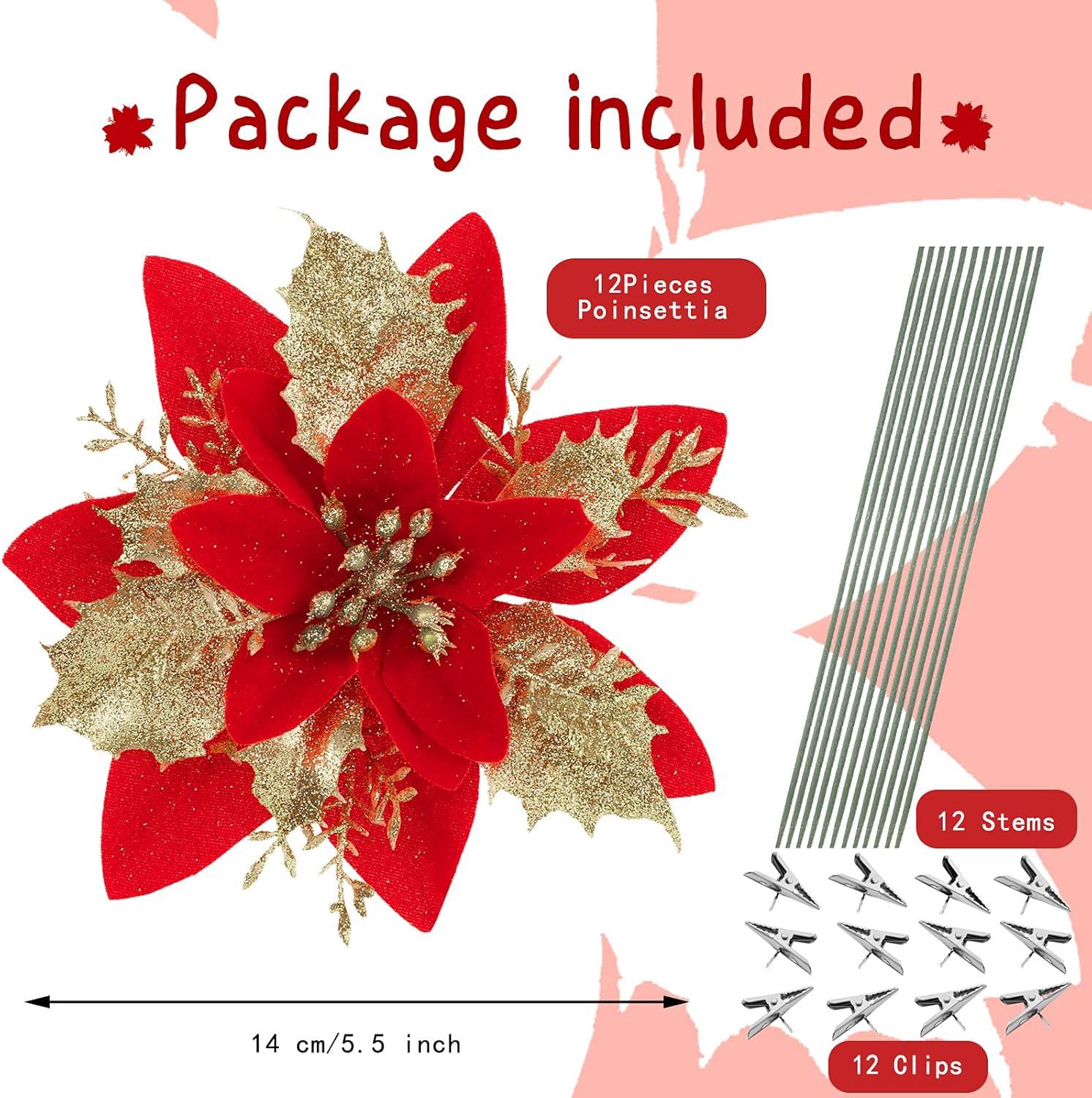 imageGeosar Glitter Christmas Poinsettia Artificial Xmas Flower Ornaments Flowers Decorations with Clips and Stems Glitter Poinsettia Christmas Tree Ornaments for Christmas Wedding Royal Blue36 PiecesRed