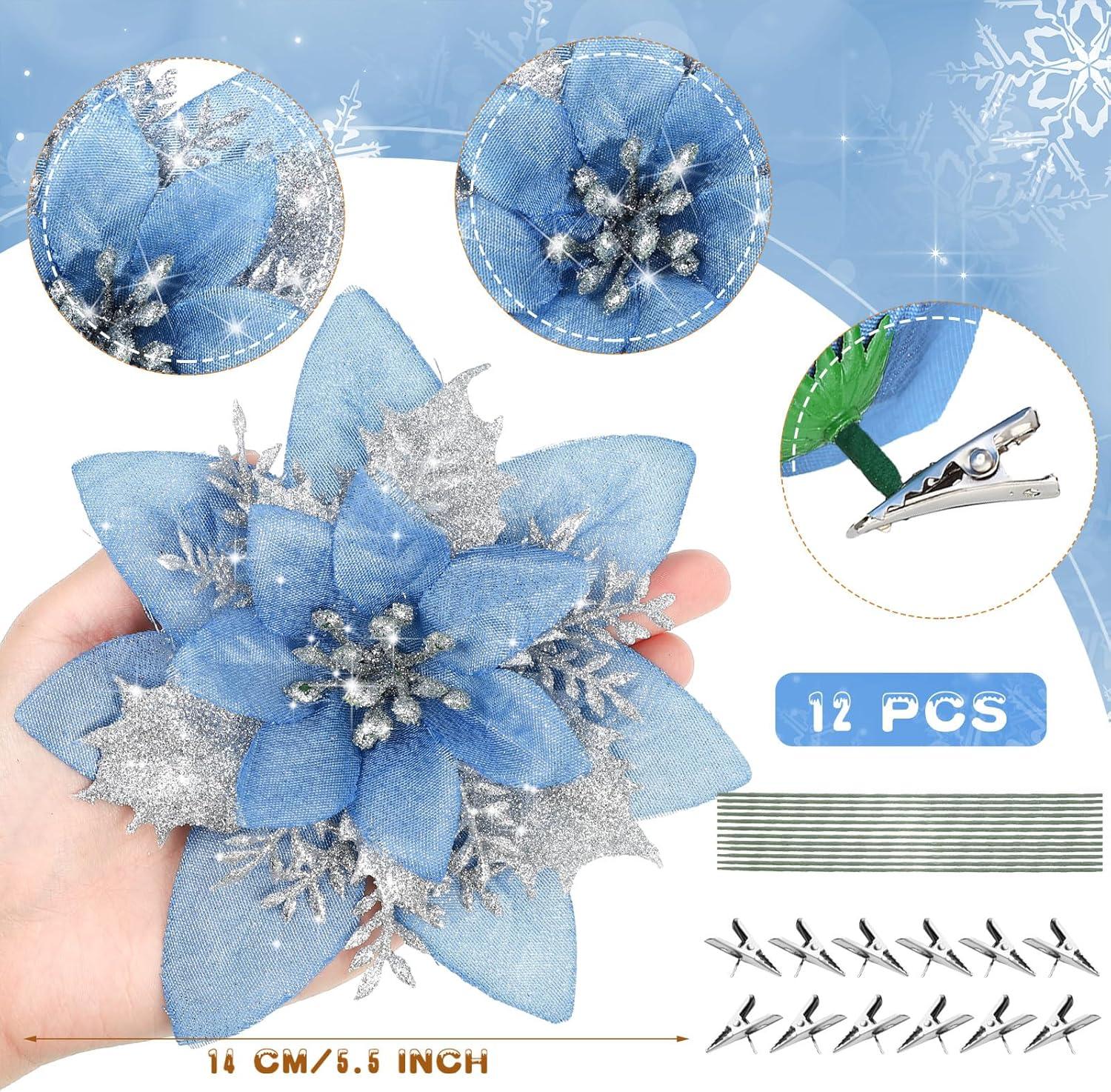 imageGeosar Glitter Christmas Poinsettia Artificial Xmas Flower Ornaments Flowers Decorations with Clips and Stems Glitter Poinsettia Christmas Tree Ornaments for Christmas Wedding Royal Blue36 PiecesLight Blue  Silver