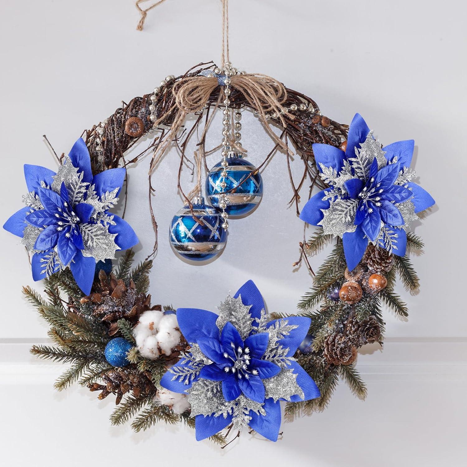imageGeosar Glitter Christmas Poinsettia Artificial Xmas Flower Ornaments Flowers Decorations with Clips and Stems Glitter Poinsettia Christmas Tree Ornaments for Christmas Wedding Royal Blue36 PiecesBlue  Silver