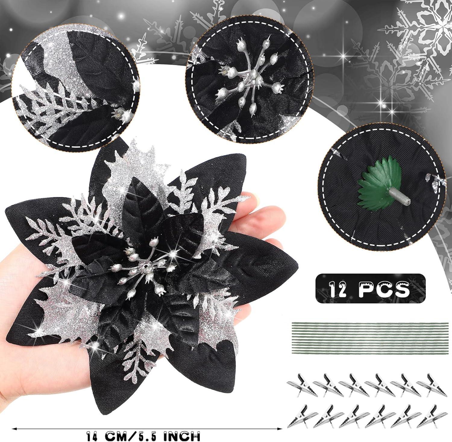 imageGeosar Glitter Christmas Poinsettia Artificial Xmas Flower Ornaments Flowers Decorations with Clips and Stems Glitter Poinsettia Christmas Tree Ornaments for Christmas Wedding Royal Blue36 PiecesBlack and Silver