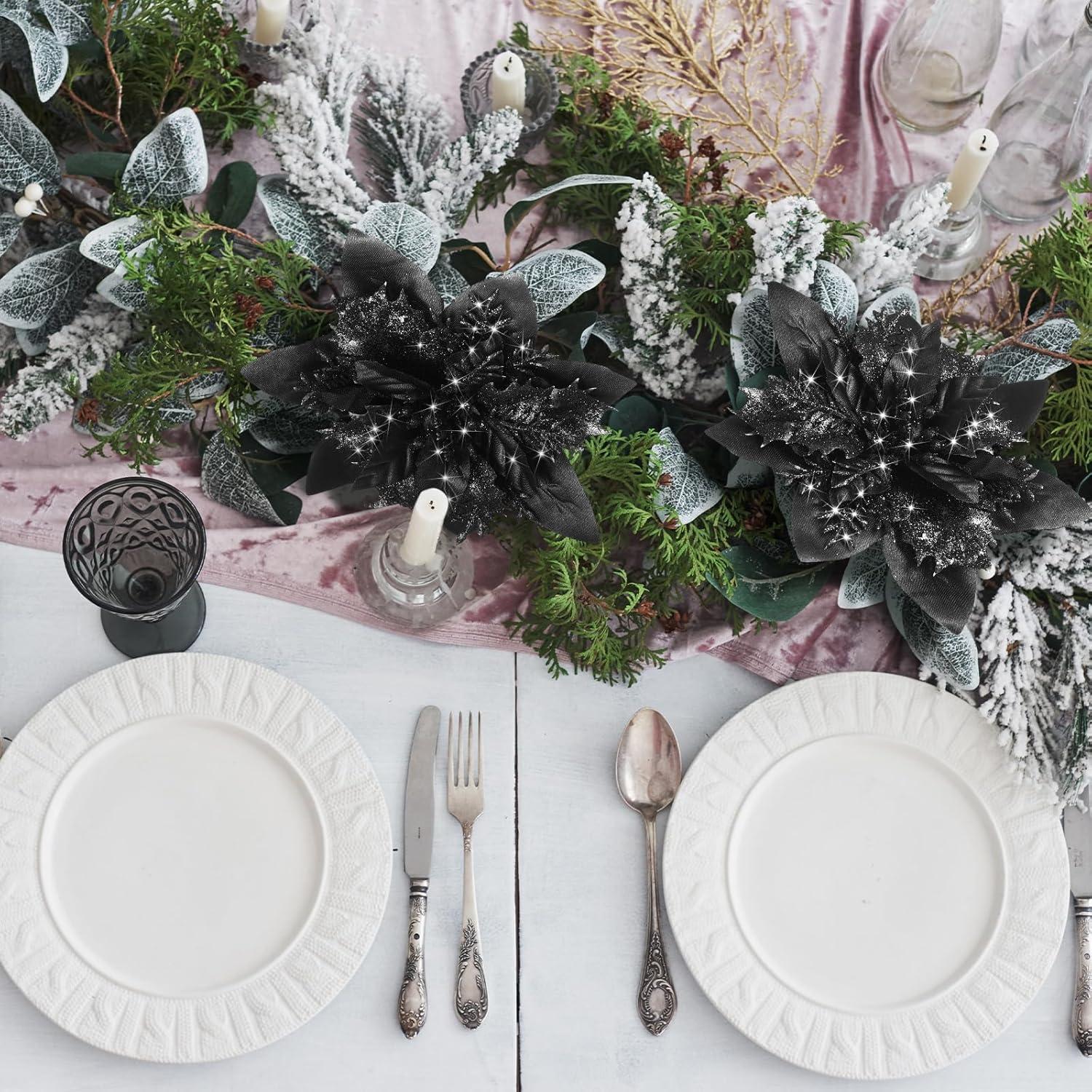 imageGeosar Glitter Christmas Poinsettia Artificial Xmas Flower Ornaments Flowers Decorations with Clips and Stems Glitter Poinsettia Christmas Tree Ornaments for Christmas Wedding Royal Blue36 PiecesBlack