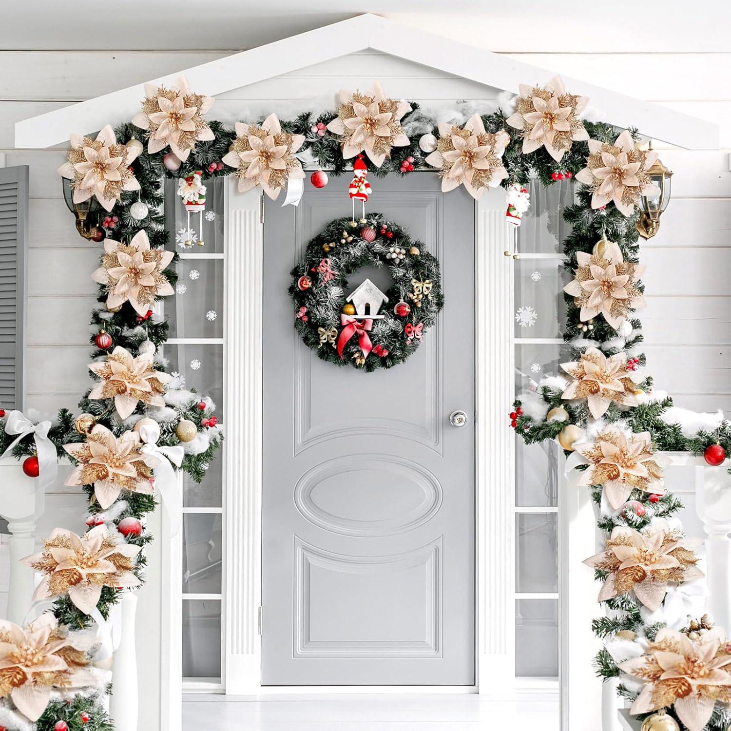 imageGeosar Glitter Christmas Poinsettia Artificial Xmas Flower Ornaments Flowers Decorations with Clips and Stems Glitter Poinsettia Christmas Tree Ornaments for Christmas Wedding Royal Blue36 PiecesChampaign Gold