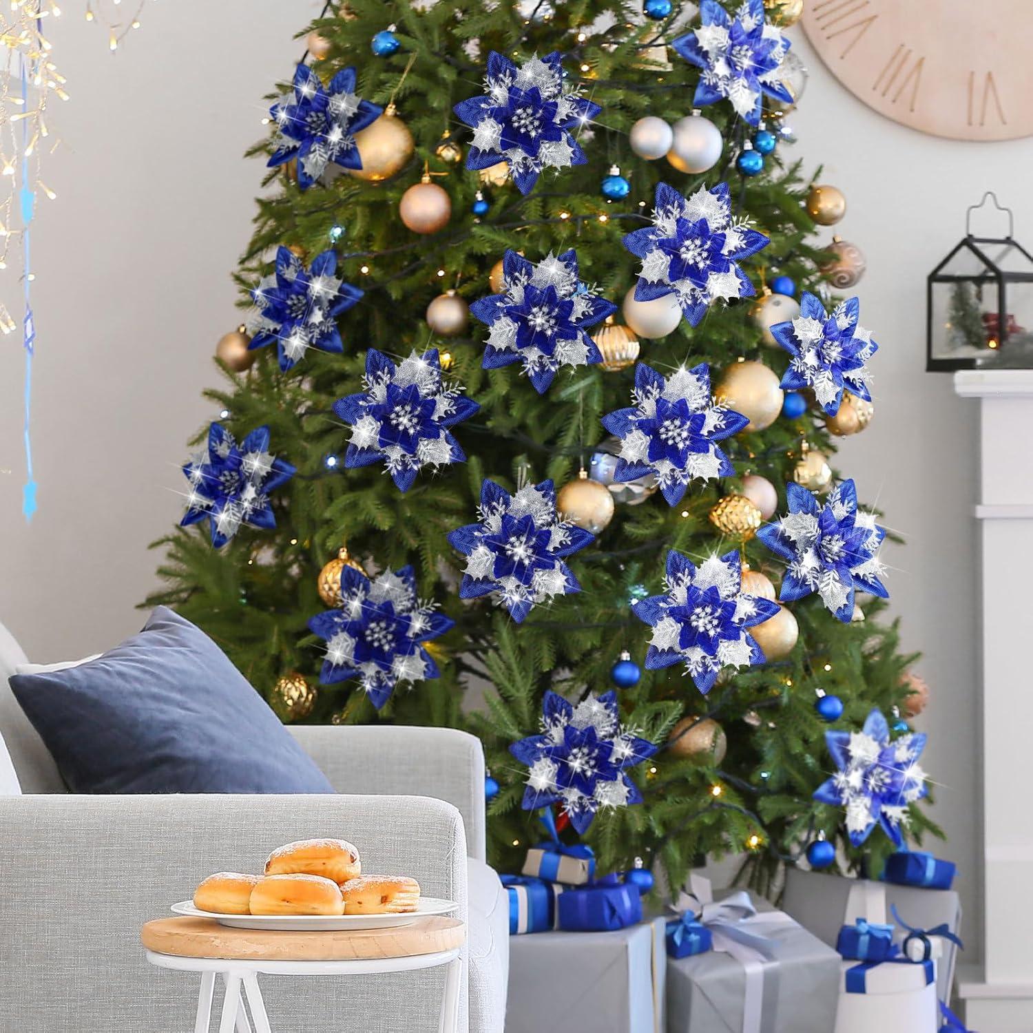 imageGeosar Glitter Christmas Poinsettia Artificial Xmas Flower Ornaments Flowers Decorations with Clips and Stems Glitter Poinsettia Christmas Tree Ornaments for Christmas Wedding Royal Blue36 PiecesNavy Blue