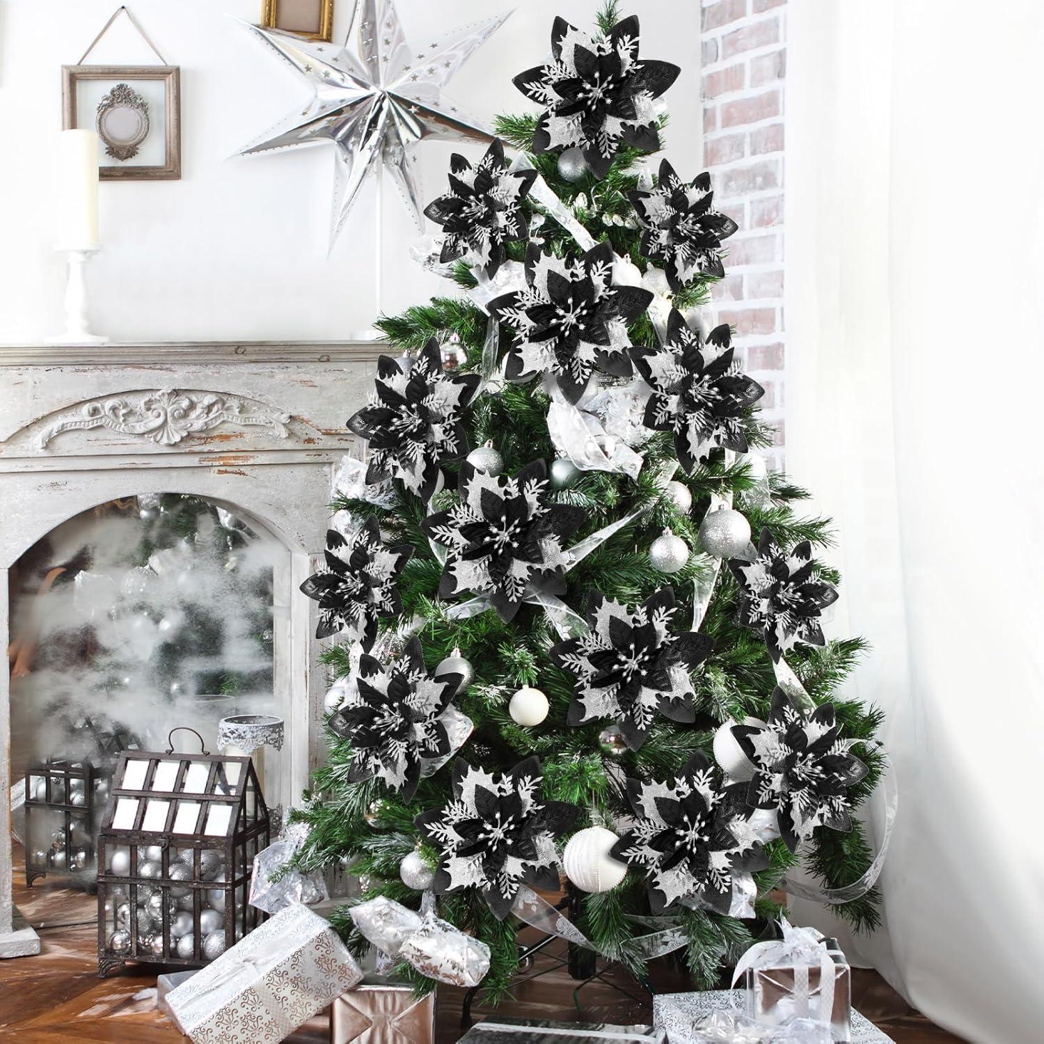 imageGeosar Glitter Christmas Poinsettia Artificial Xmas Flower Ornaments Flowers Decorations with Clips and Stems Glitter Poinsettia Christmas Tree Ornaments for Christmas Wedding Royal Blue36 PiecesBlack and Silver