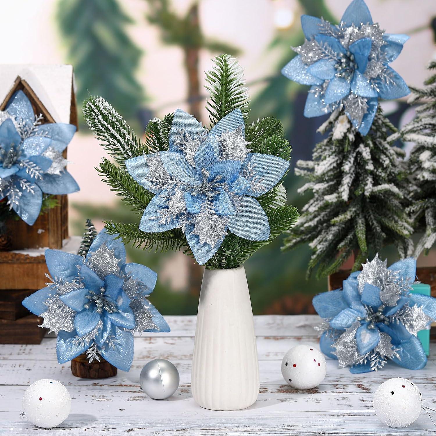 imageGeosar Glitter Christmas Poinsettia Artificial Xmas Flower Ornaments Flowers Decorations with Clips and Stems Glitter Poinsettia Christmas Tree Ornaments for Christmas Wedding Royal Blue36 PiecesLight Blue  Silver