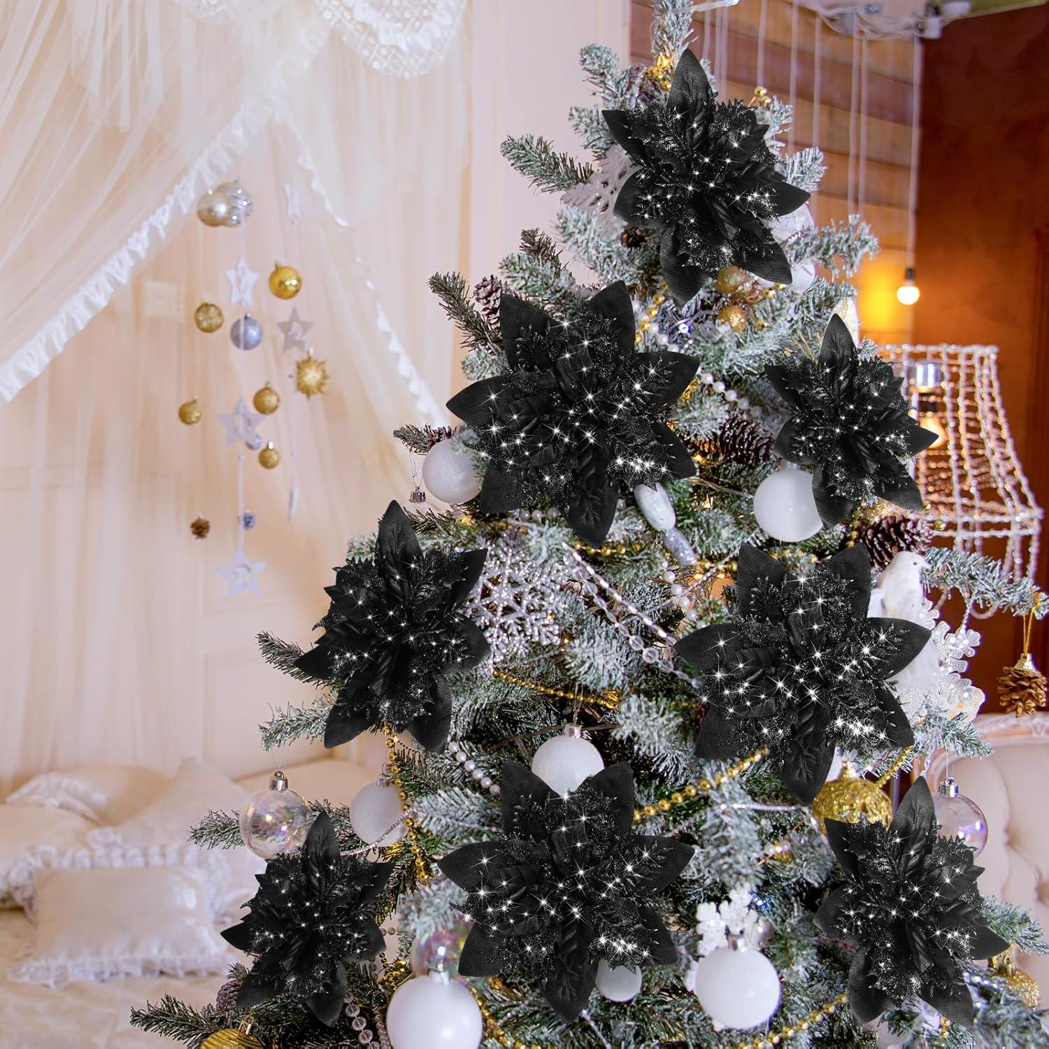 imageGeosar Glitter Christmas Poinsettia Artificial Xmas Flower Ornaments Flowers Decorations with Clips and Stems Glitter Poinsettia Christmas Tree Ornaments for Christmas Wedding Royal Blue36 PiecesBlack