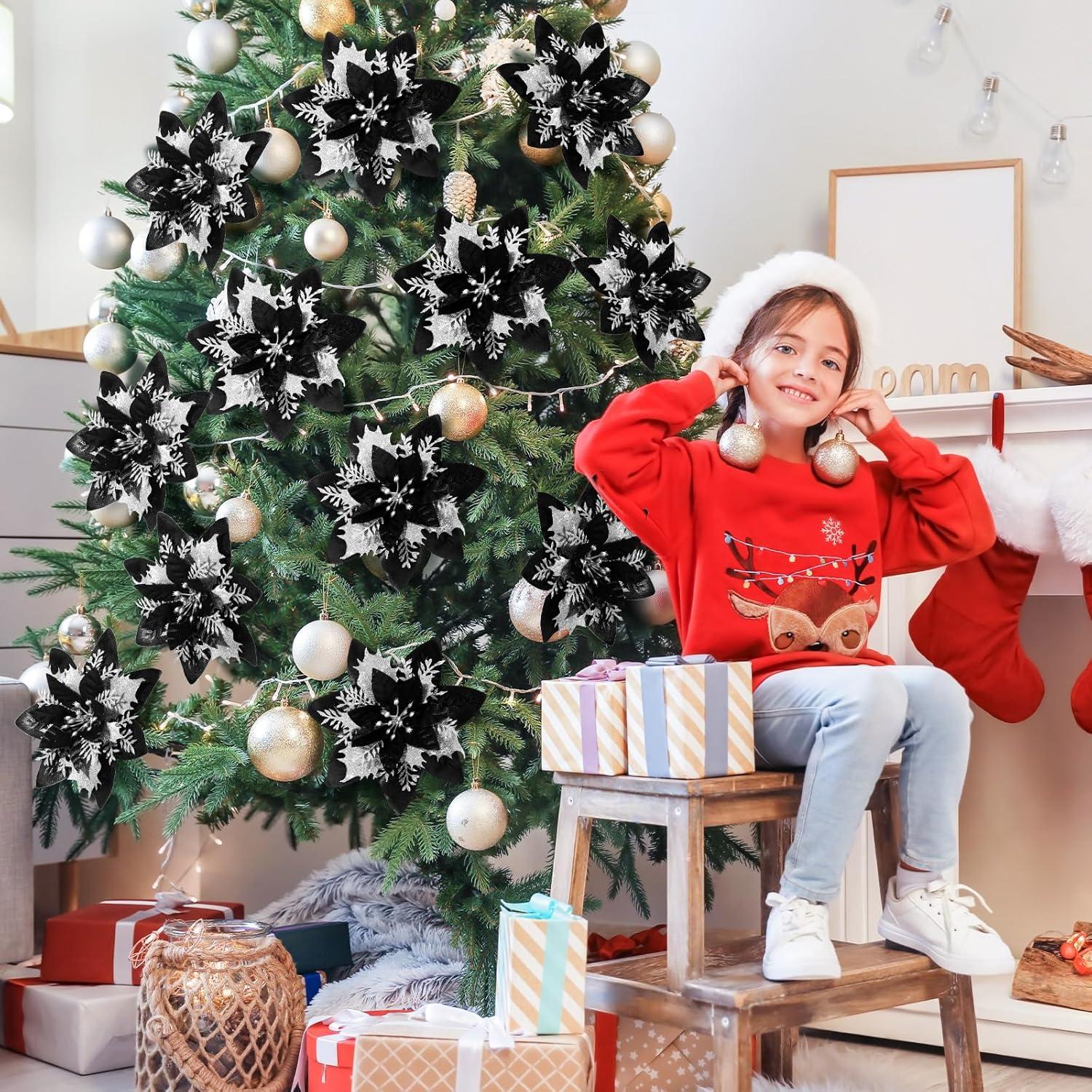 imageGeosar Glitter Christmas Poinsettia Artificial Xmas Flower Ornaments Flowers Decorations with Clips and Stems Glitter Poinsettia Christmas Tree Ornaments for Christmas Wedding Royal Blue36 PiecesBlack and Silver