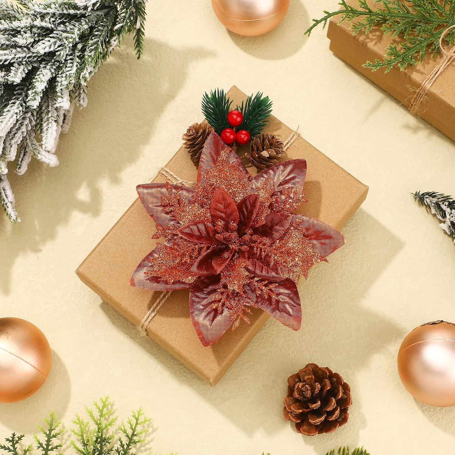 imageGeosar Glitter Christmas Poinsettia Artificial Xmas Flower Ornaments Flowers Decorations with Clips and Stems Glitter Poinsettia Christmas Tree Ornaments for Christmas Wedding Royal Blue36 PiecesBrown