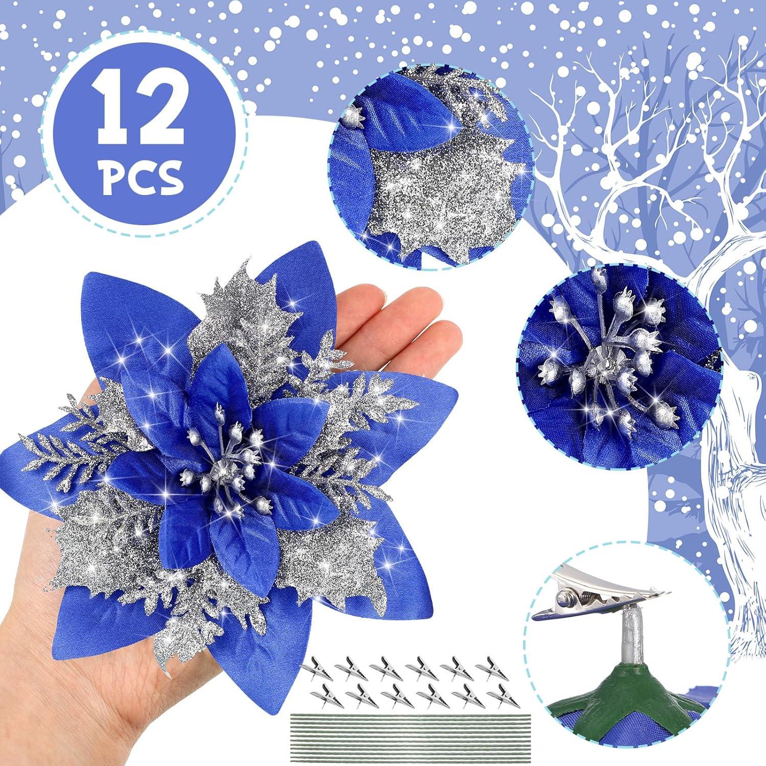 imageGeosar Glitter Christmas Poinsettia Artificial Xmas Flower Ornaments Flowers Decorations with Clips and Stems Glitter Poinsettia Christmas Tree Ornaments for Christmas Wedding Royal Blue36 PiecesBlue  Silver