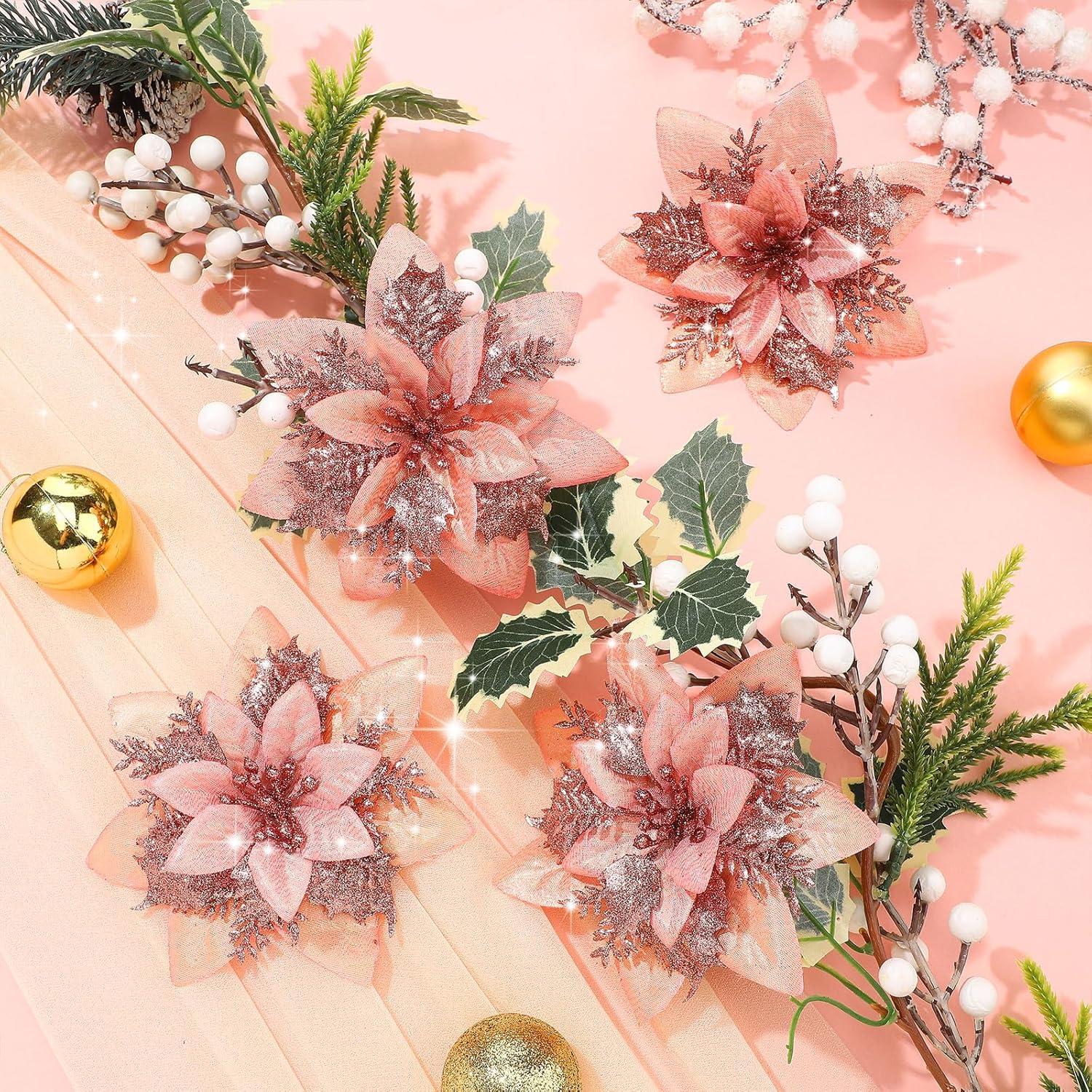 imageGeosar Glitter Christmas Poinsettia Artificial Xmas Flower Ornaments Flowers Decorations with Clips and Stems Glitter Poinsettia Christmas Tree Ornaments for Christmas Wedding Royal Blue36 PiecesRose Gold