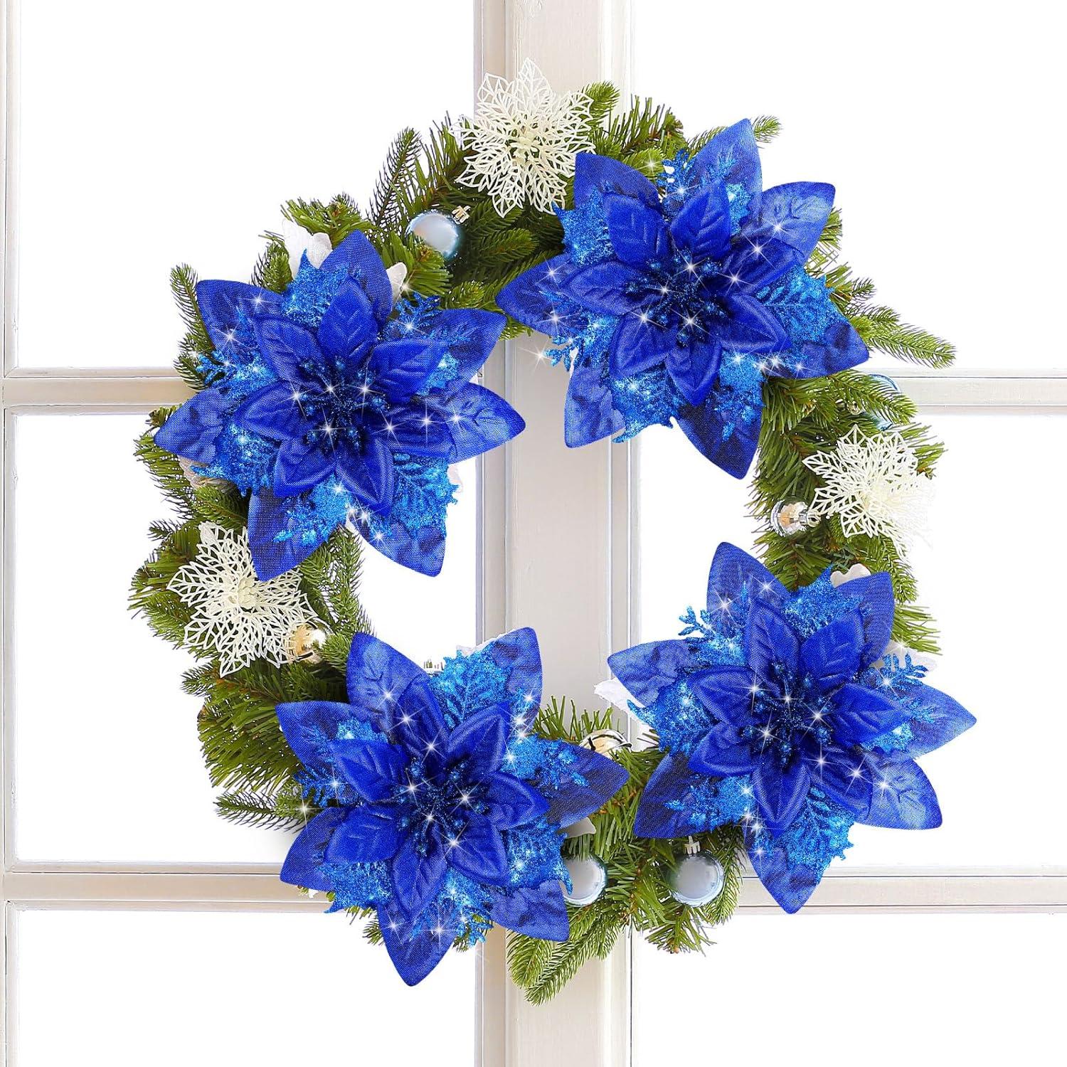 imageGeosar Glitter Christmas Poinsettia Artificial Xmas Flower Ornaments Flowers Decorations with Clips and Stems Glitter Poinsettia Christmas Tree Ornaments for Christmas Wedding Royal Blue36 PiecesPure Royal Blue