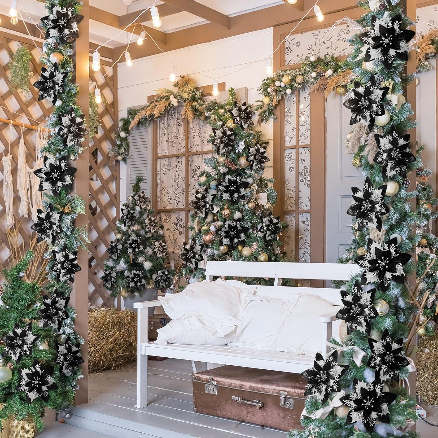 imageGeosar Glitter Christmas Poinsettia Artificial Xmas Flower Ornaments Flowers Decorations with Clips and Stems Glitter Poinsettia Christmas Tree Ornaments for Christmas Wedding Royal Blue36 PiecesBlack and Silver