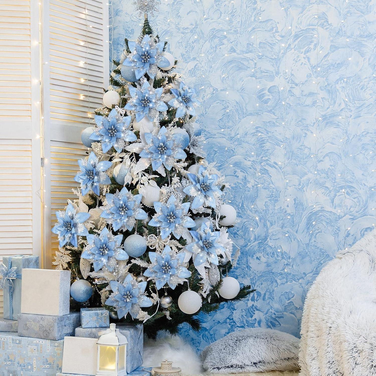 imageGeosar Glitter Christmas Poinsettia Artificial Xmas Flower Ornaments Flowers Decorations with Clips and Stems Glitter Poinsettia Christmas Tree Ornaments for Christmas Wedding Royal Blue36 PiecesLight Blue  Silver