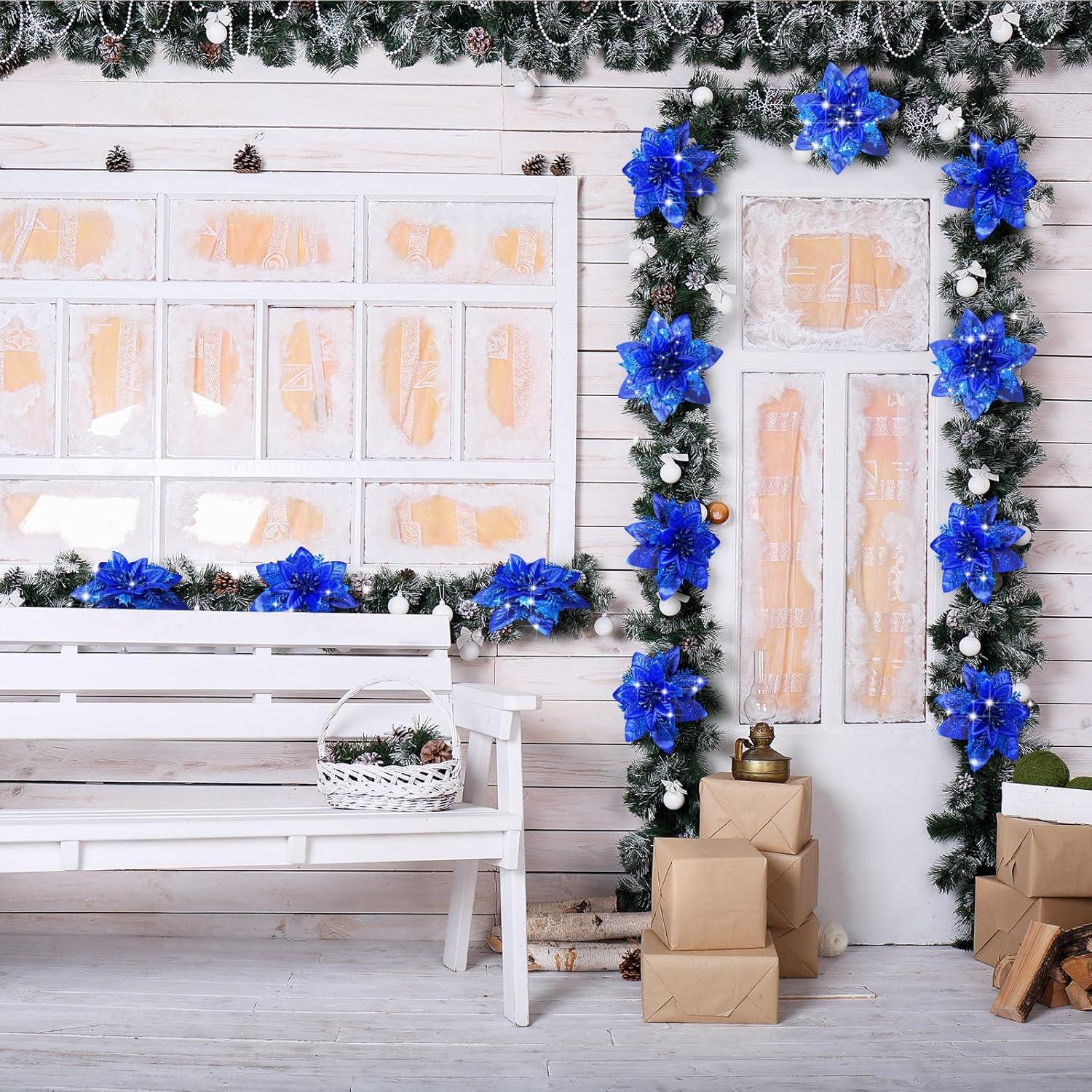 imageGeosar Glitter Christmas Poinsettia Artificial Xmas Flower Ornaments Flowers Decorations with Clips and Stems Glitter Poinsettia Christmas Tree Ornaments for Christmas Wedding Royal Blue36 PiecesPure Royal Blue